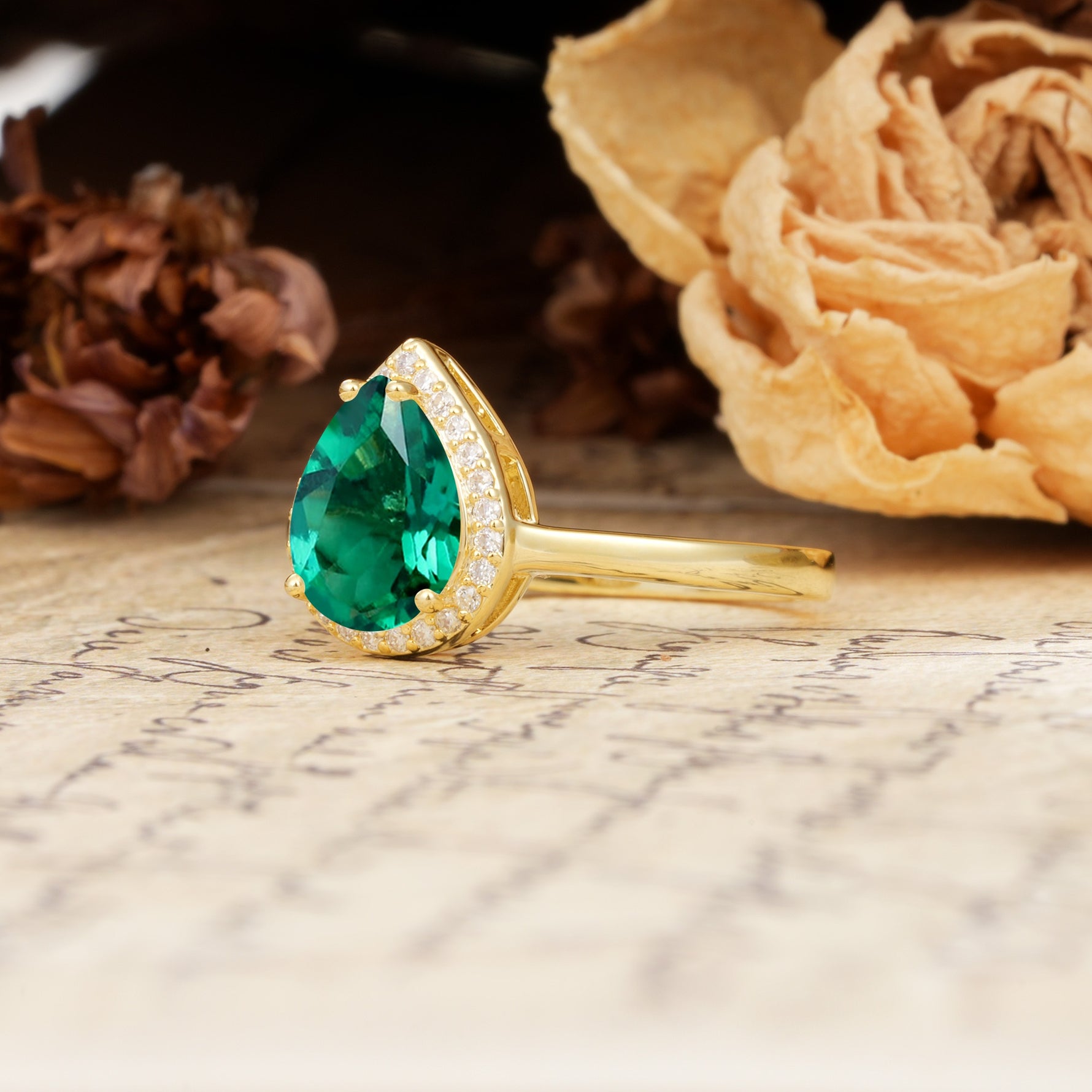 Luxurious Vintage-Style Pavé-Set, 4-Prong Pear Cut Emerald Engagement Ring - Additional view