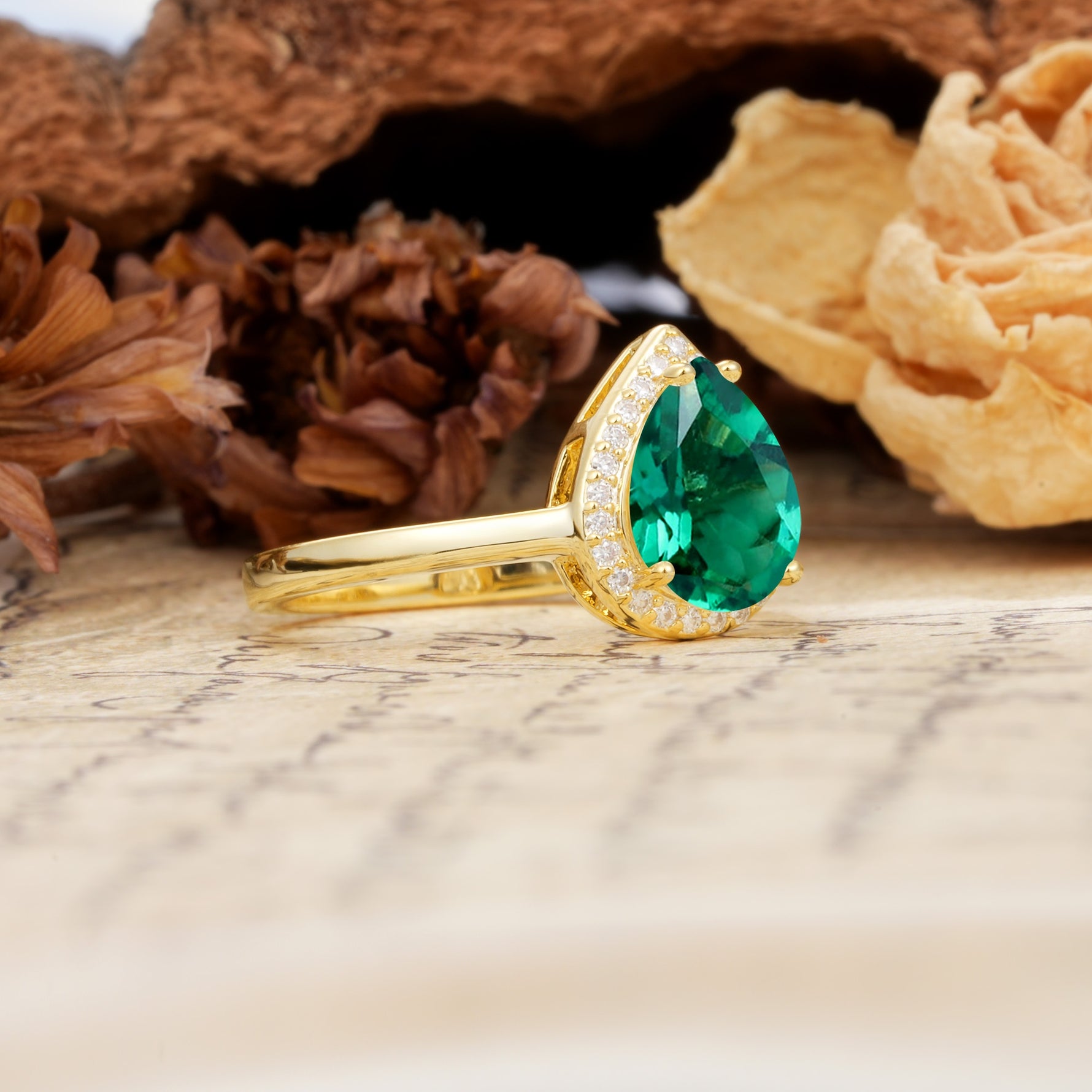 Luxurious Vintage-Style Pavé-Set, 4-Prong Pear Cut Emerald Engagement Ring - Additional view