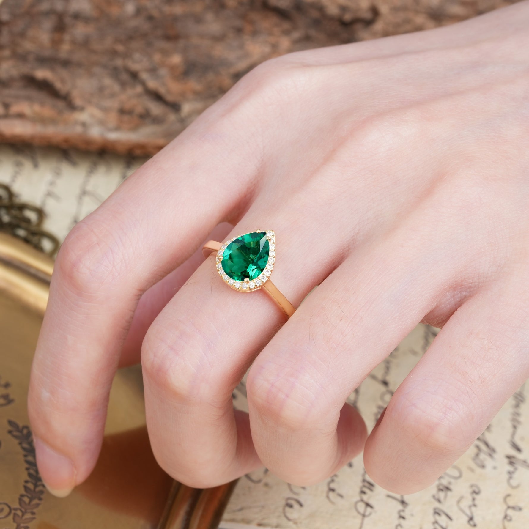 Luxurious Vintage-Style Pavé-Set, 4-Prong Pear Cut Emerald Engagement Ring - Additional view