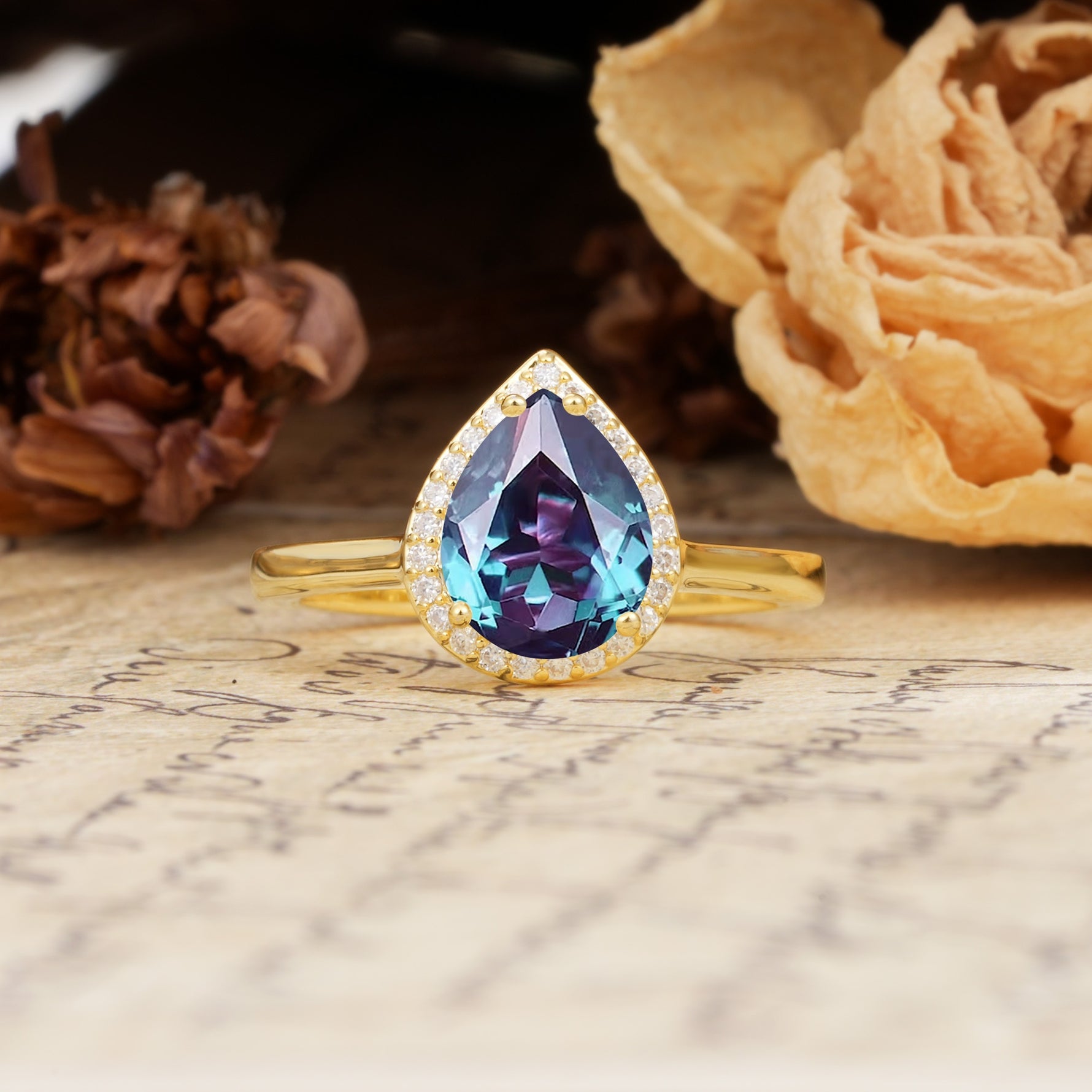 Luxurious Vintage-Style Pavé-Set, 4-Prong Pear Cut Alexandrite Engagement Ring - Additional view