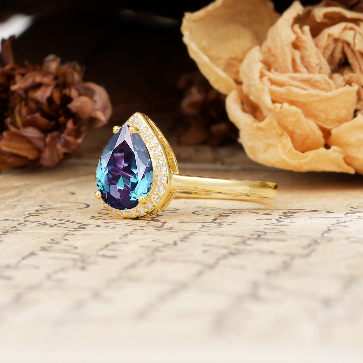 Luxurious Vintage-Style Pavé-Set, 4-Prong Pear Cut Alexandrite Engagement Ring - Additional view