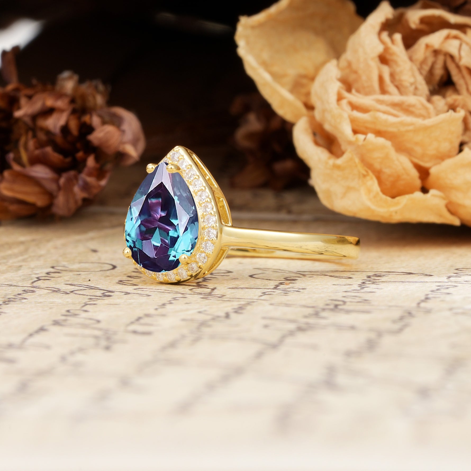 Luxurious Vintage-Style Pavé-Set, 4-Prong Pear Cut Alexandrite Engagement Ring - Additional view