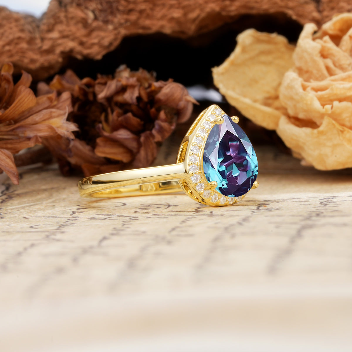 Luxurious Vintage-Style Pavé-Set, 4-Prong Pear Cut Alexandrite Engagement Ring - Additional view