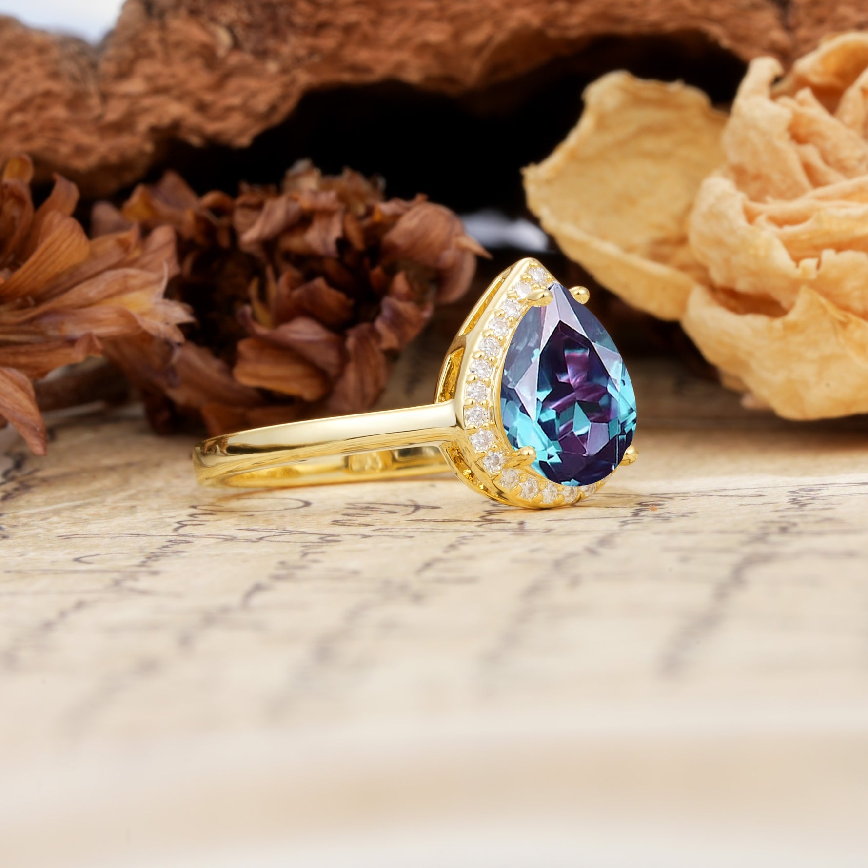 Luxurious Vintage-Style Pavé-Set, 4-Prong Pear Cut Alexandrite Engagement Ring - Additional view