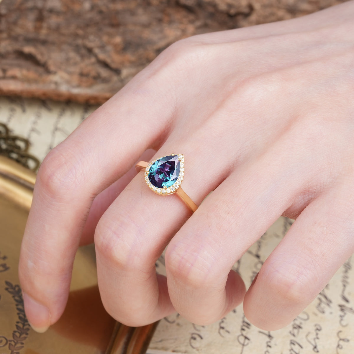 Luxurious Vintage-Style Pavé-Set, 4-Prong Pear Cut Alexandrite Engagement Ring - Additional view