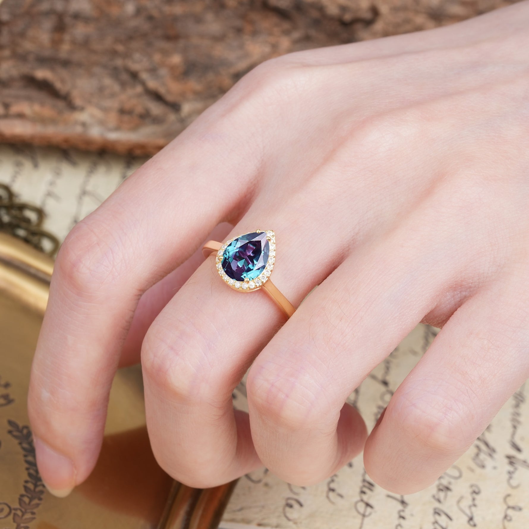 Luxurious Vintage-Style Pavé-Set, 4-Prong Pear Cut Alexandrite Engagement Ring - Additional view