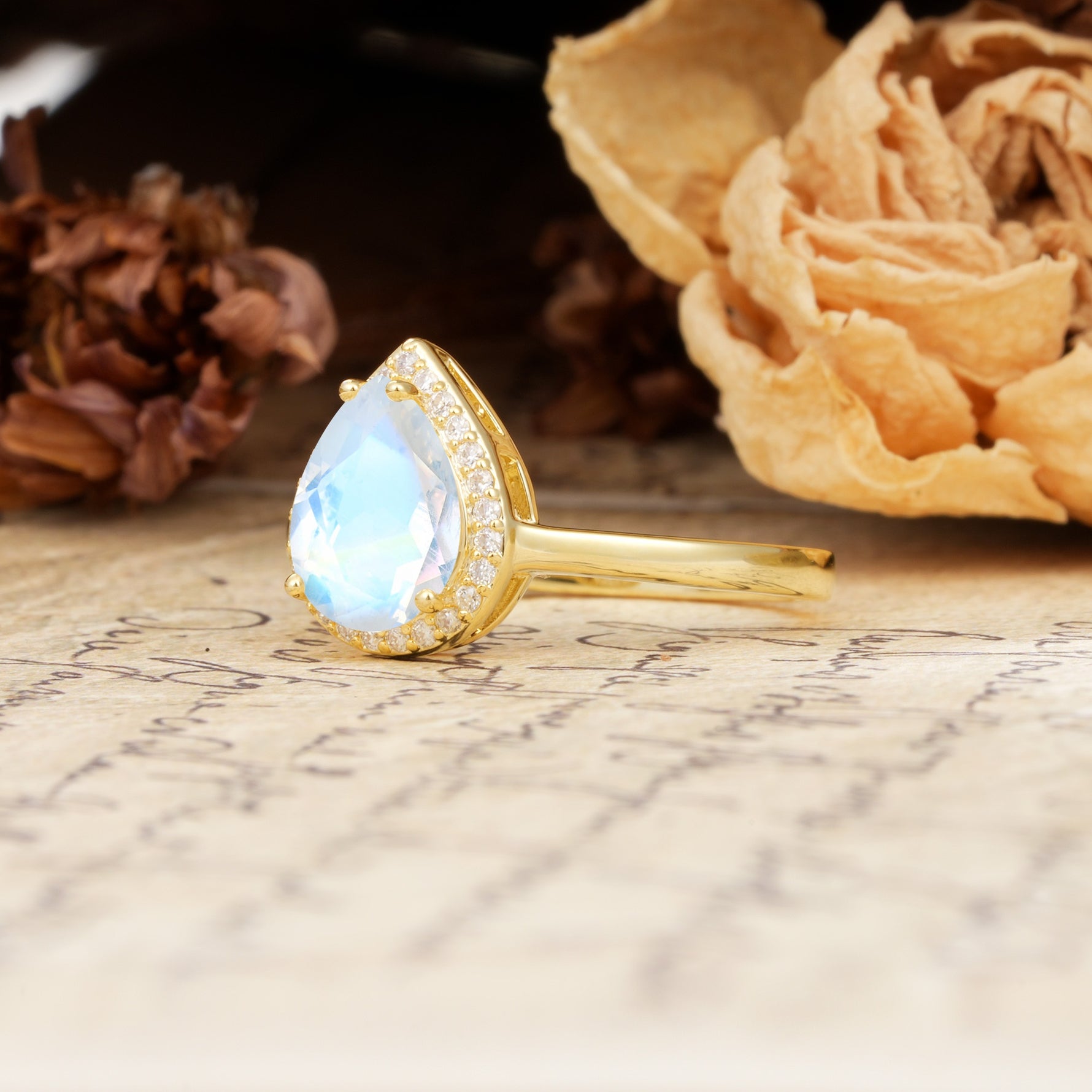 Luxurious Vintage-Style Pavé-Set, 4-Prong Pear Cut Moonstone Engagement Ring - Additional view