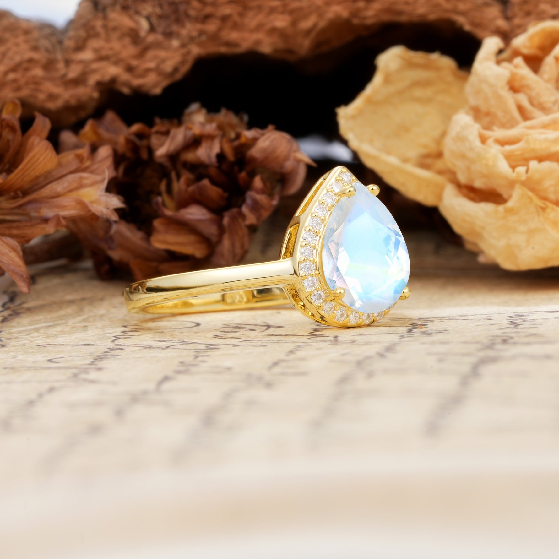 Luxurious Vintage-Style Pavé-Set, 4-Prong Pear Cut Moonstone Engagement Ring - Additional view