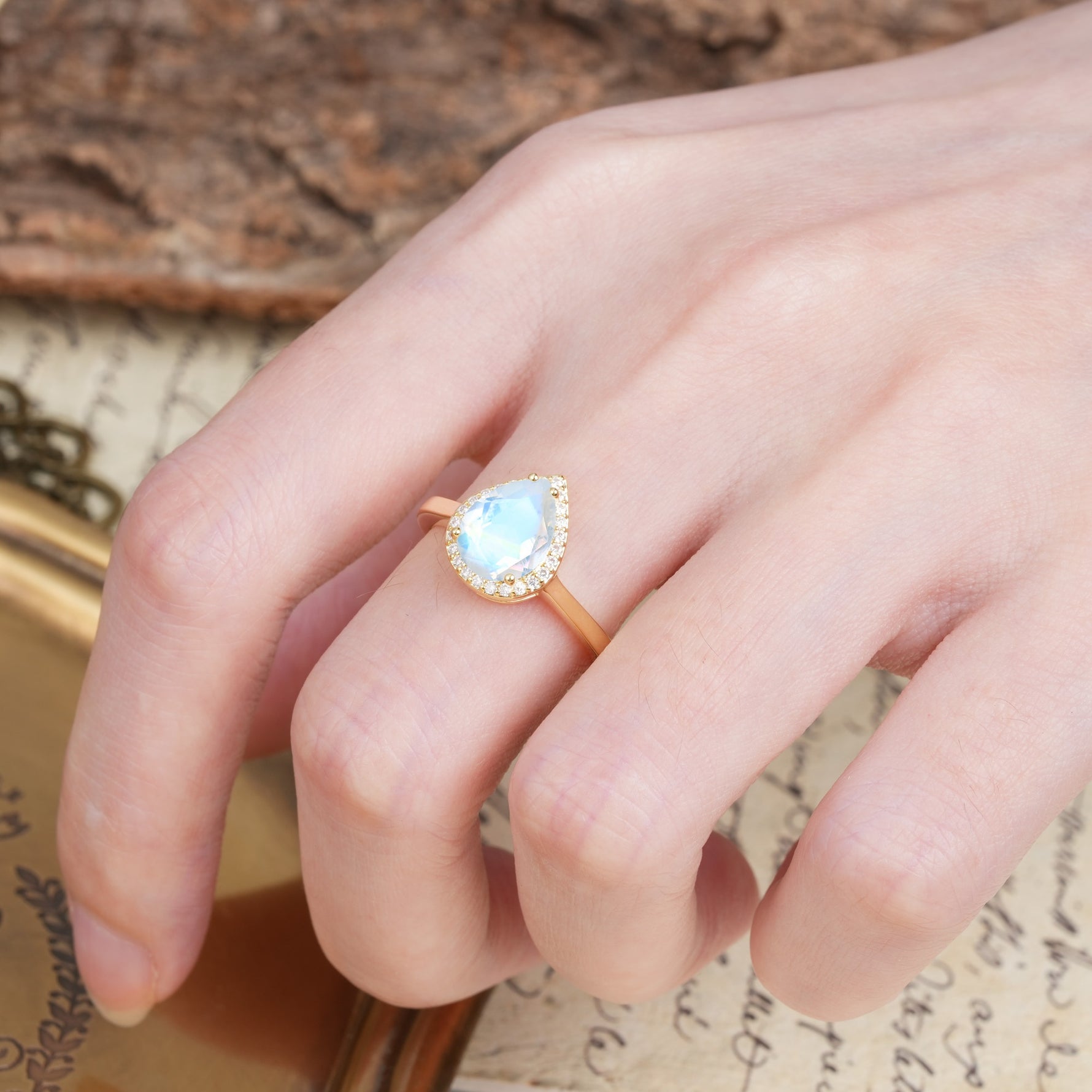 Luxurious Vintage-Style Pavé-Set, 4-Prong Pear Cut Moonstone Engagement Ring - Additional view