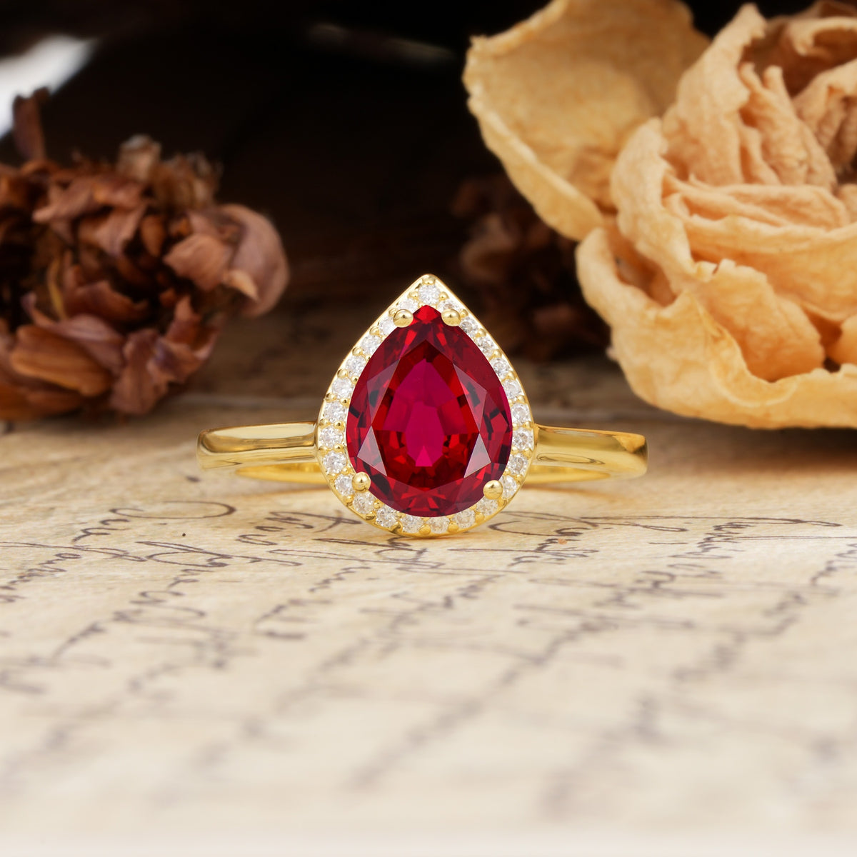 Luxurious Vintage-Style Pavé-Set, 4-Prong Pear Cut Ruby Engagement Ring - Additional view