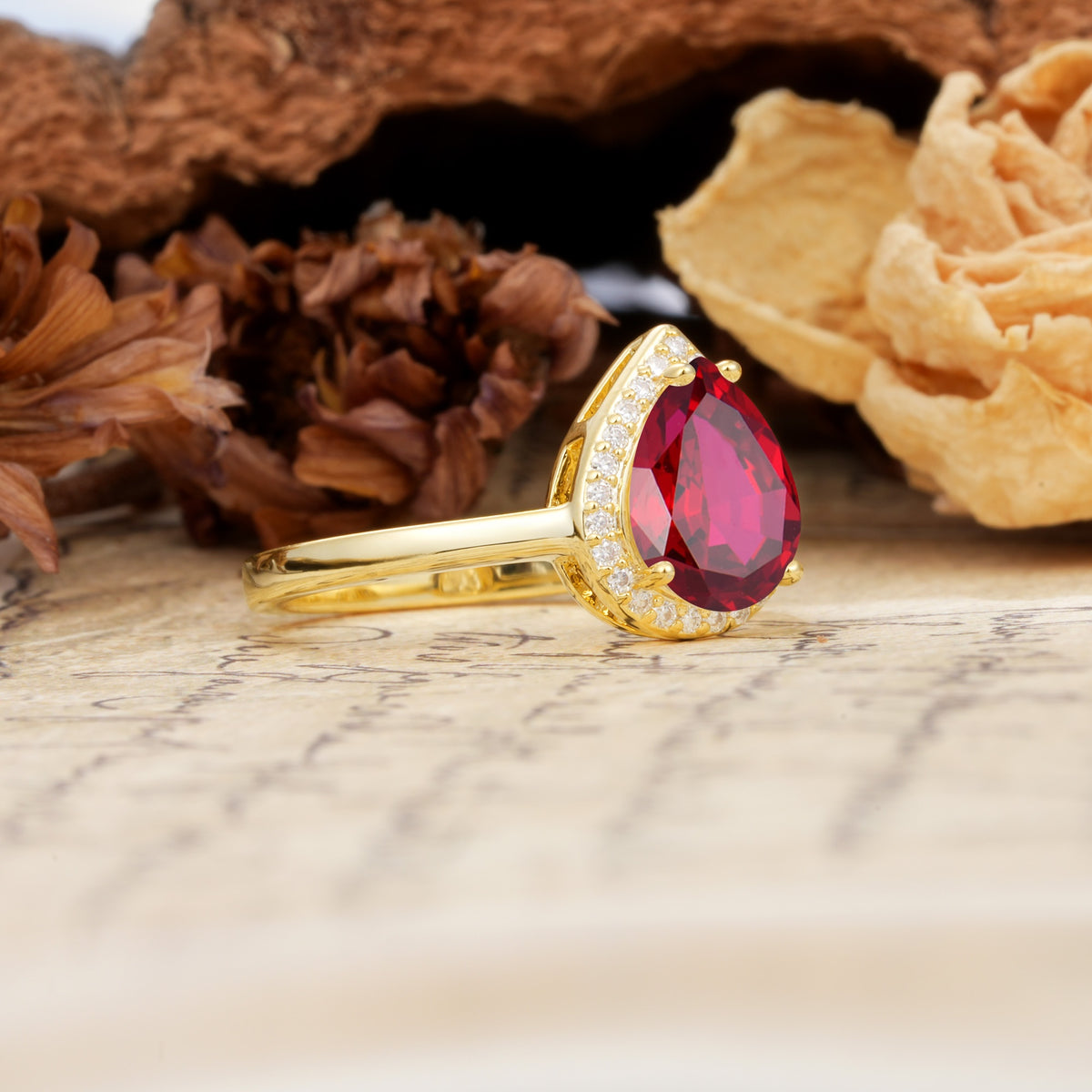 Luxurious Vintage-Style Pavé-Set, 4-Prong Pear Cut Ruby Engagement Ring - Additional view