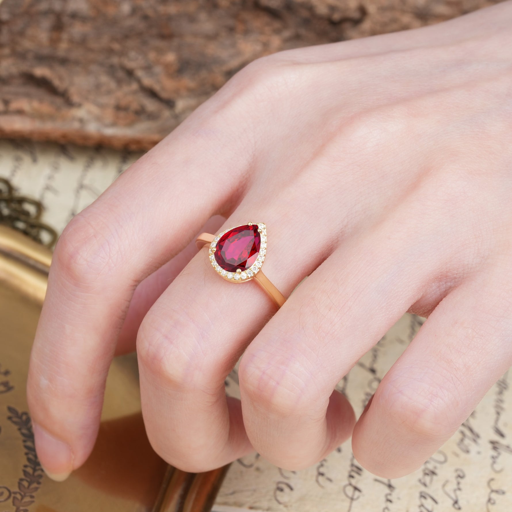 Luxurious Vintage-Style Pavé-Set, 4-Prong Pear Cut Ruby Engagement Ring - Additional view