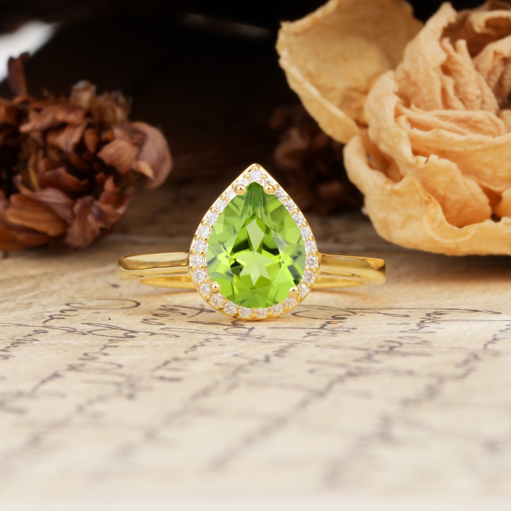 Luxurious Vintage-Style Pavé-Set, 4-Prong Pear Cut Peridot Engagement Ring - Additional view