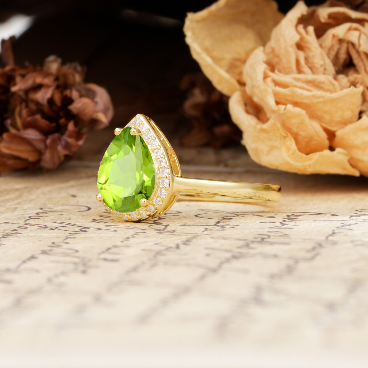 Luxurious Vintage-Style Pavé-Set, 4-Prong Pear Cut Peridot Engagement Ring - Additional view