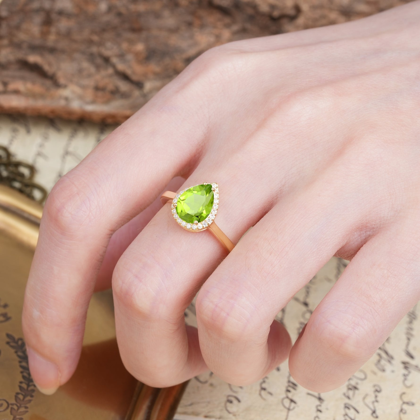 Luxurious Vintage-Style Pavé-Set, 4-Prong Pear Cut Peridot Engagement Ring - Additional view
