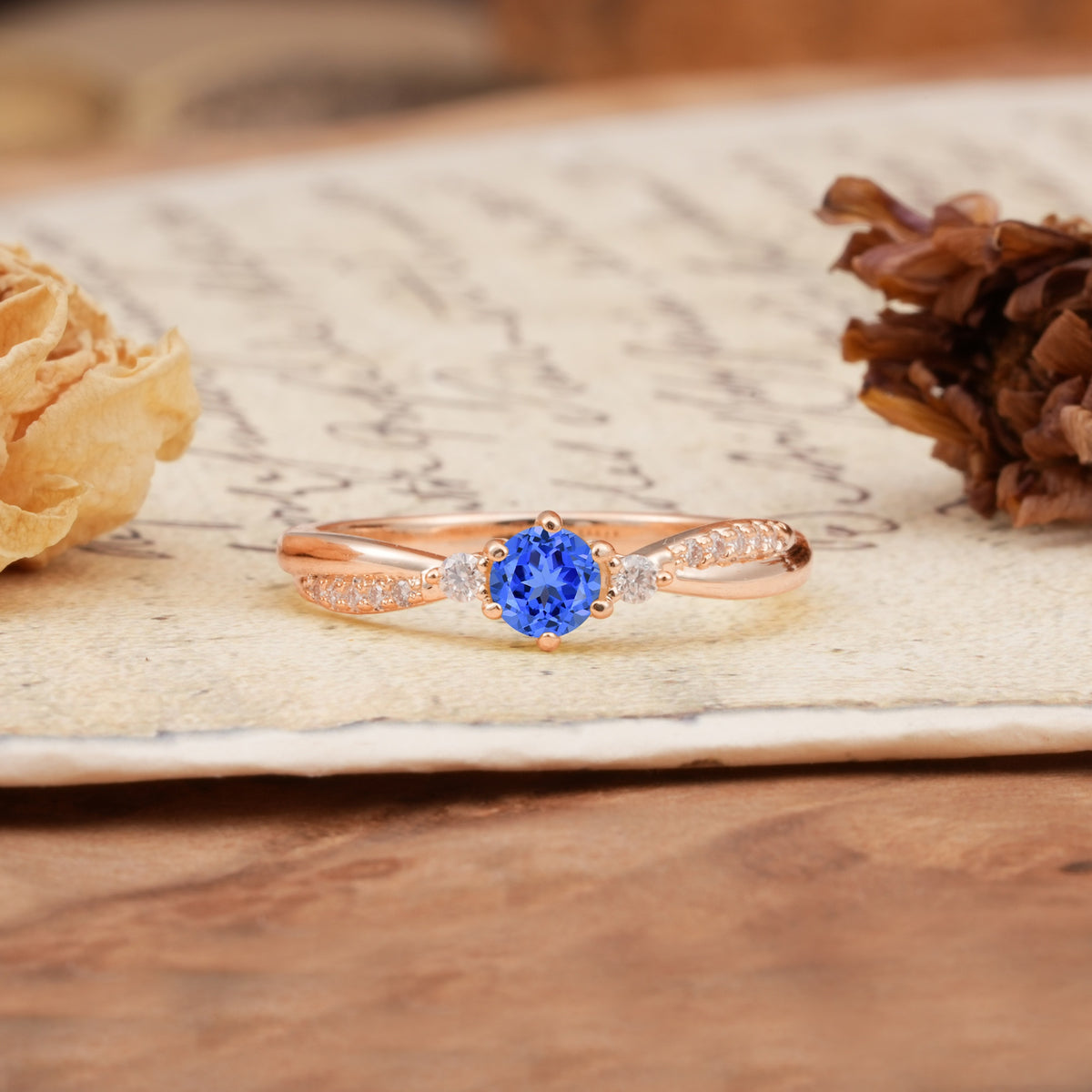 Simple 6-Prong Round Cut Sapphire Side Stone Engagement Ring - Additional view