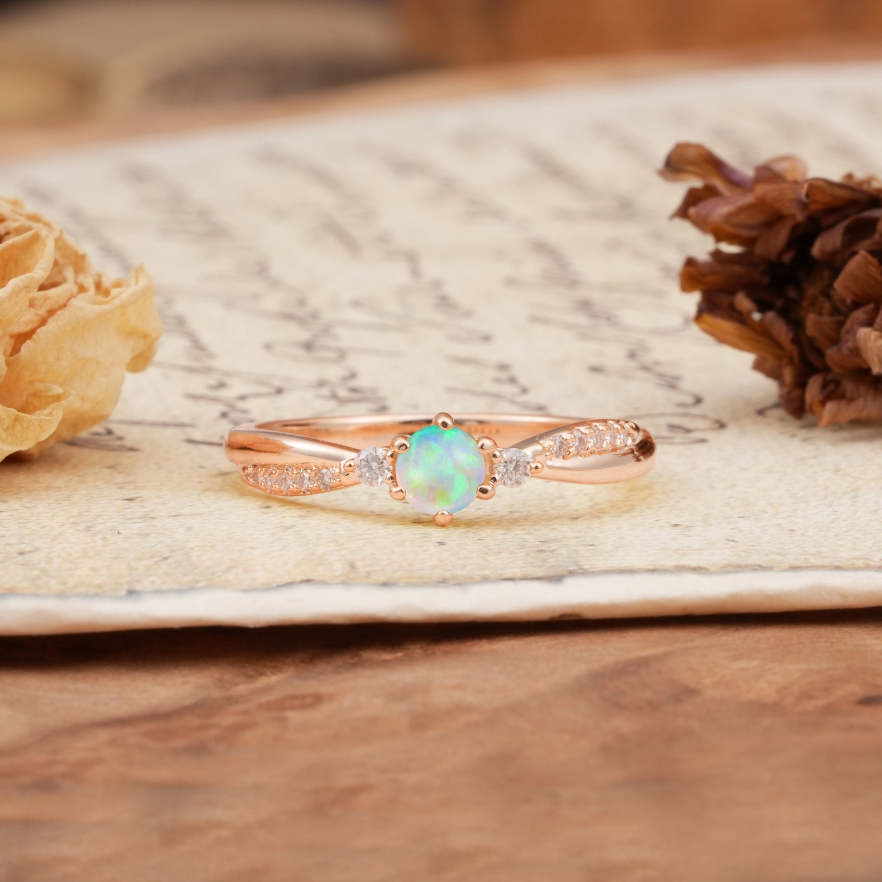 Simple 6-Prong Round Cut Fire Opal Side Stone Engagement Ring - Additional view