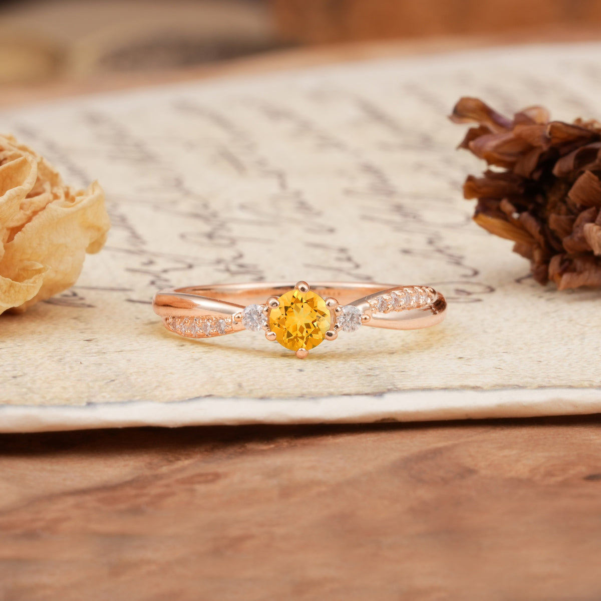 Simple 6-Prong Round Cut Citrine Side Stone Engagement Ring - Additional view