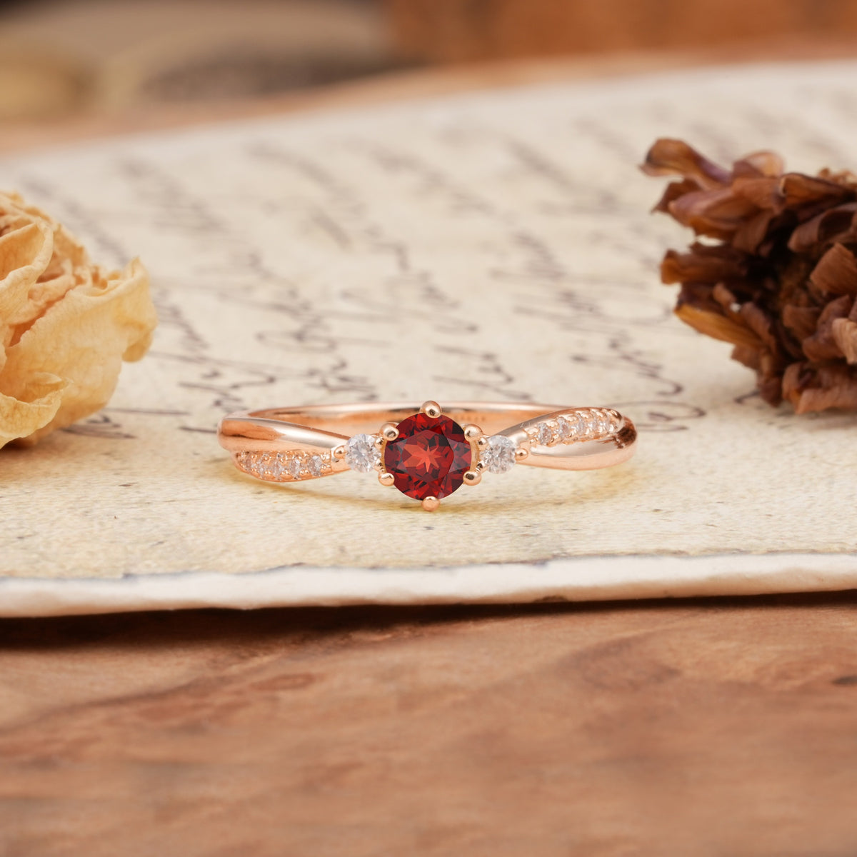 Simple 6-Prong Round Cut Garnet Side Stone Engagement Ring - Additional view