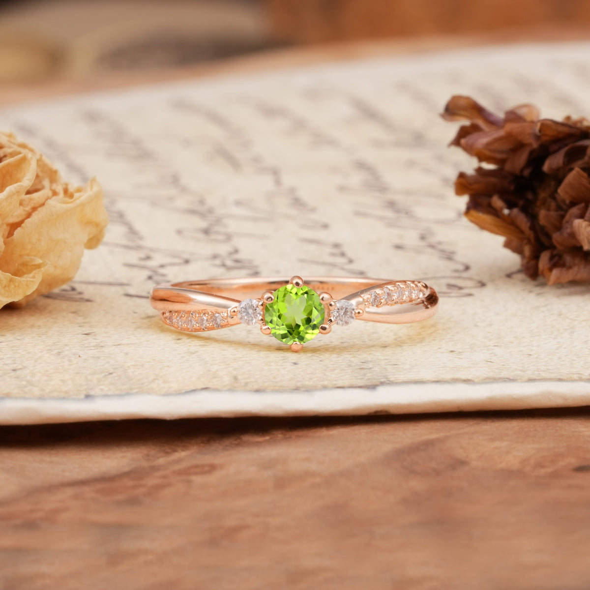 Simple 6-Prong Round Cut Peridot Side Stone Engagement Ring - Additional view