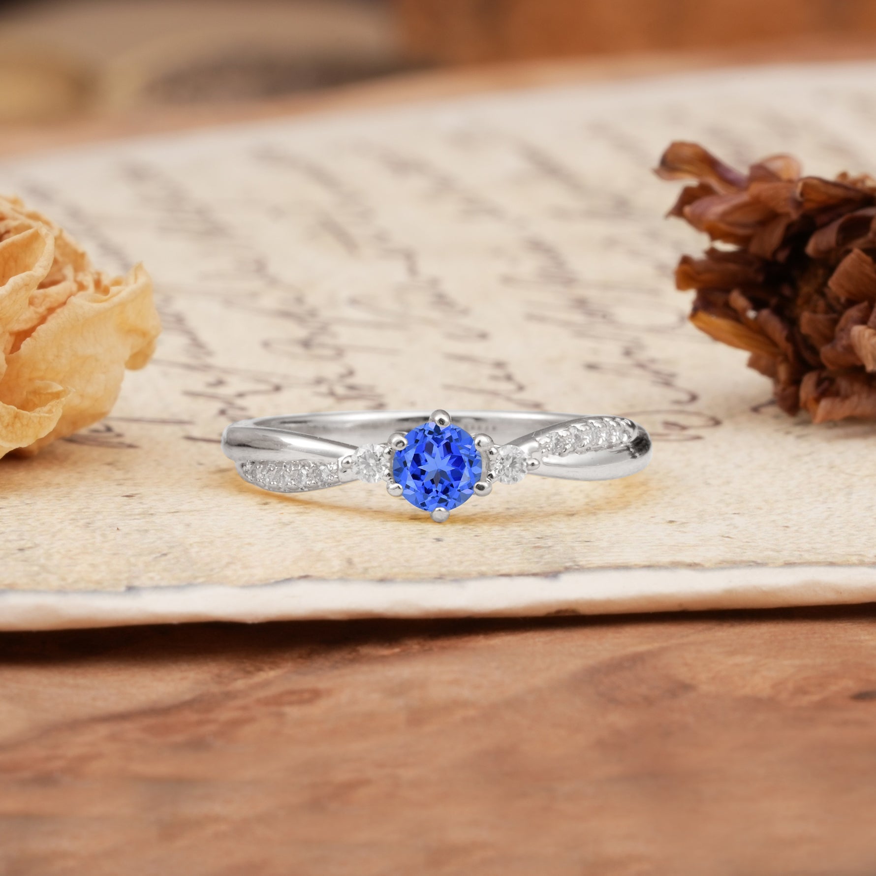 Simple 6-Prong Round Cut Sapphire Side Stone Engagement Ring - Additional view
