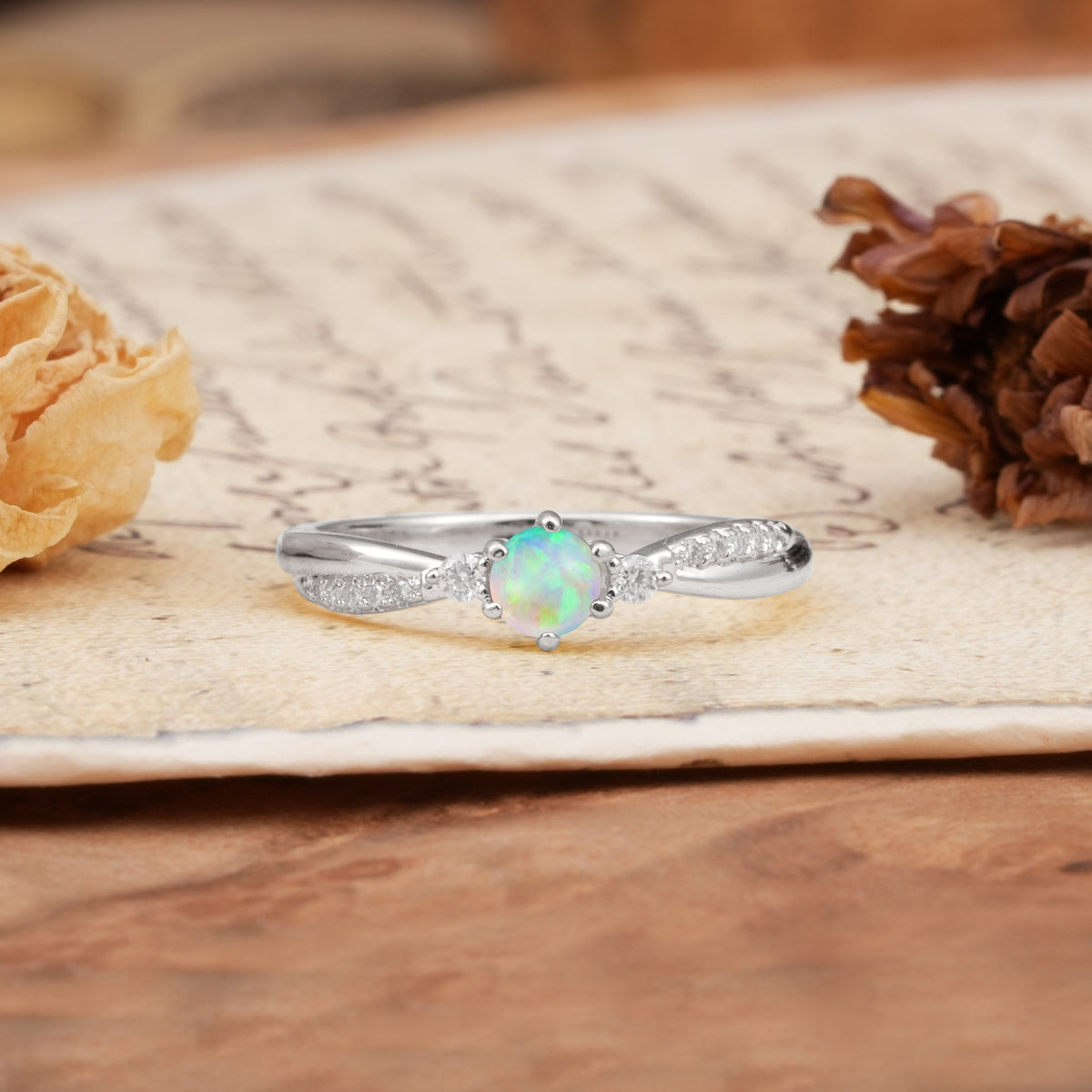 Simple 6-Prong Round Cut Fire Opal Side Stone Engagement Ring - Additional view