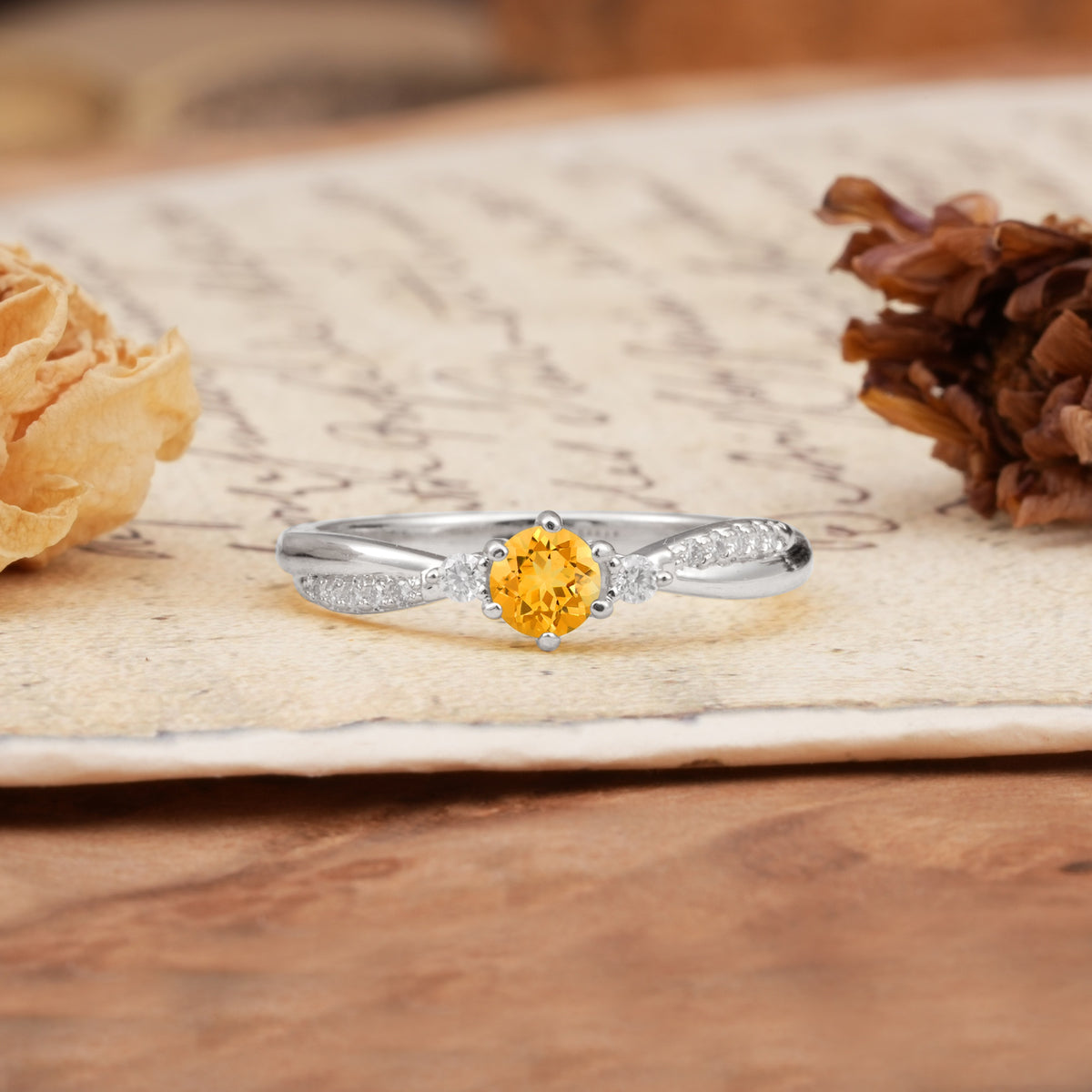Simple 6-Prong Round Cut Citrine Side Stone Engagement Ring - Additional view