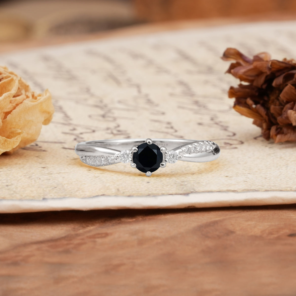 Simple 6-Prong Round Cut Black Onyx Side Stone Engagement Ring - Additional view