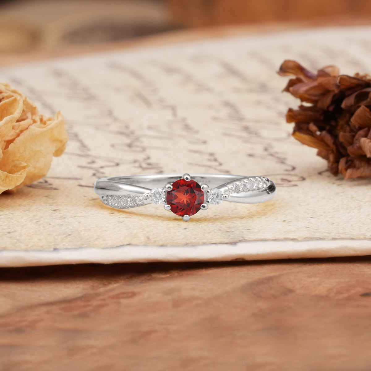 Simple 6-Prong Round Cut Garnet Side Stone Engagement Ring - Additional view