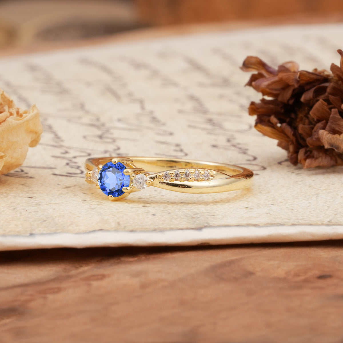 Simple 6-Prong Round Cut Sapphire Side Stone Engagement Ring - Additional view
