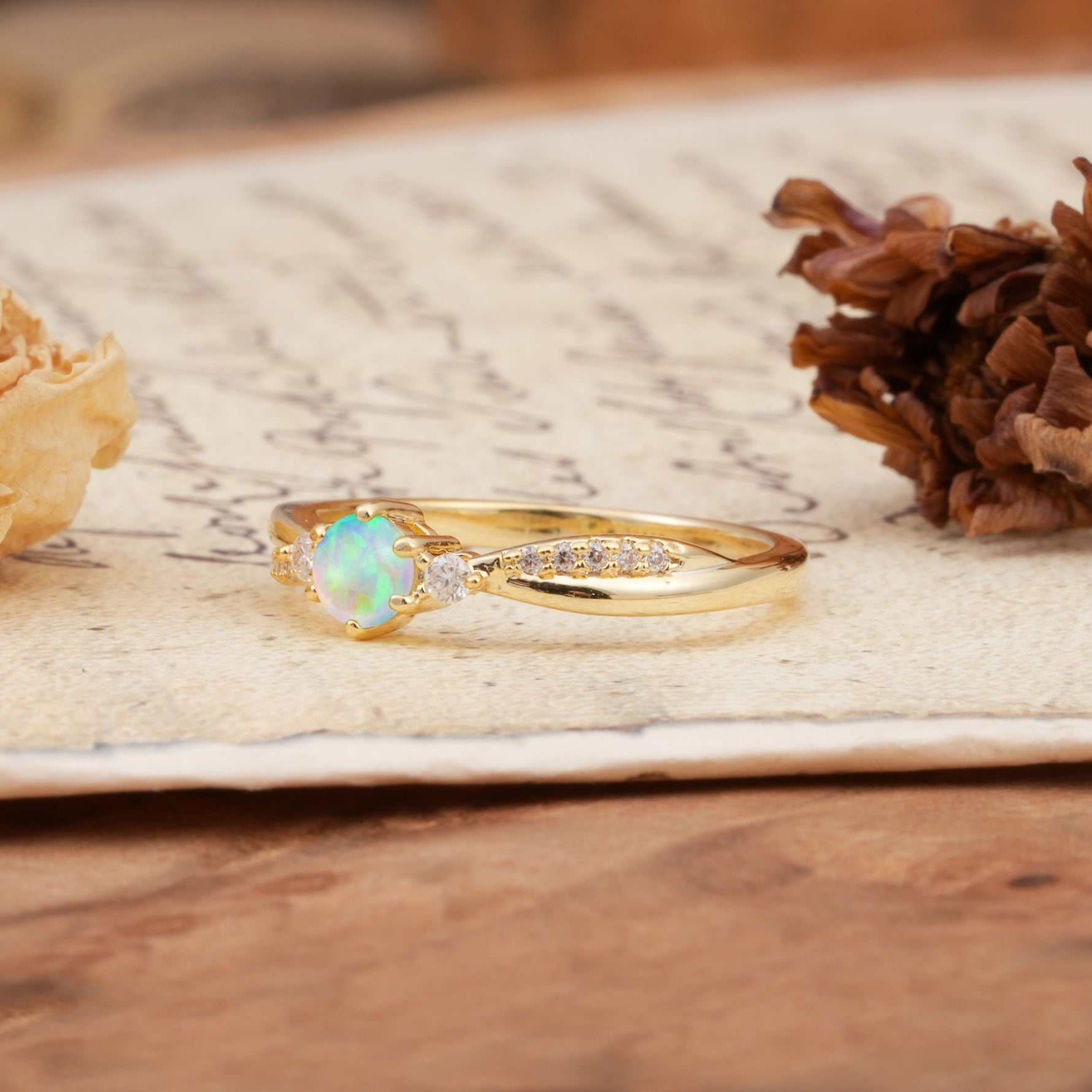Simple 6-Prong Round Cut Fire Opal Side Stone Engagement Ring - Additional view
