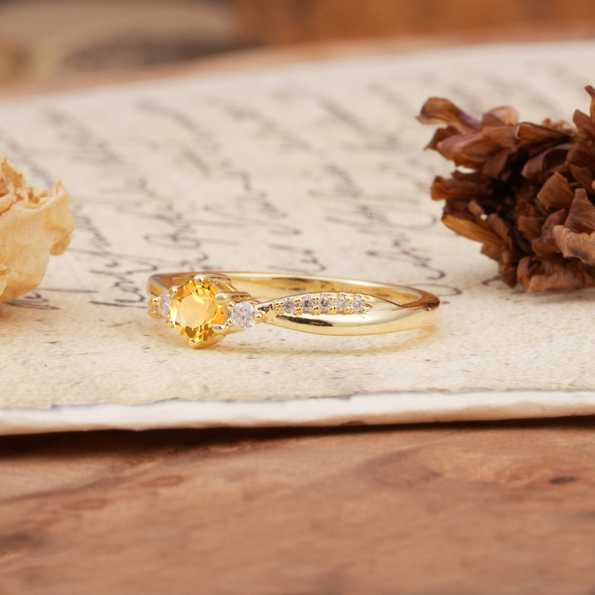 Simple 6-Prong Round Cut Citrine Side Stone Engagement Ring - Additional view