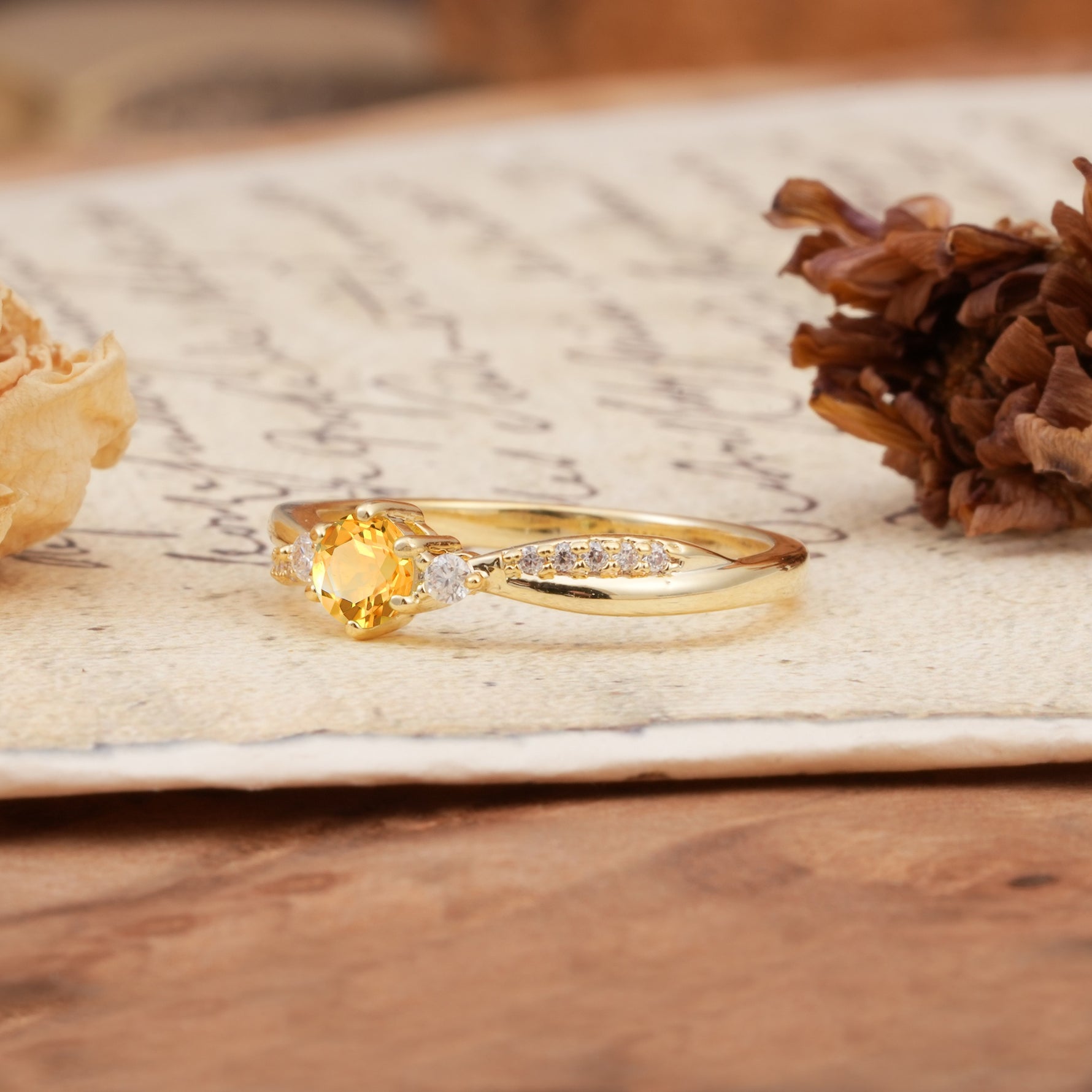 Simple 6-Prong Round Cut Citrine Side Stone Engagement Ring - Additional view