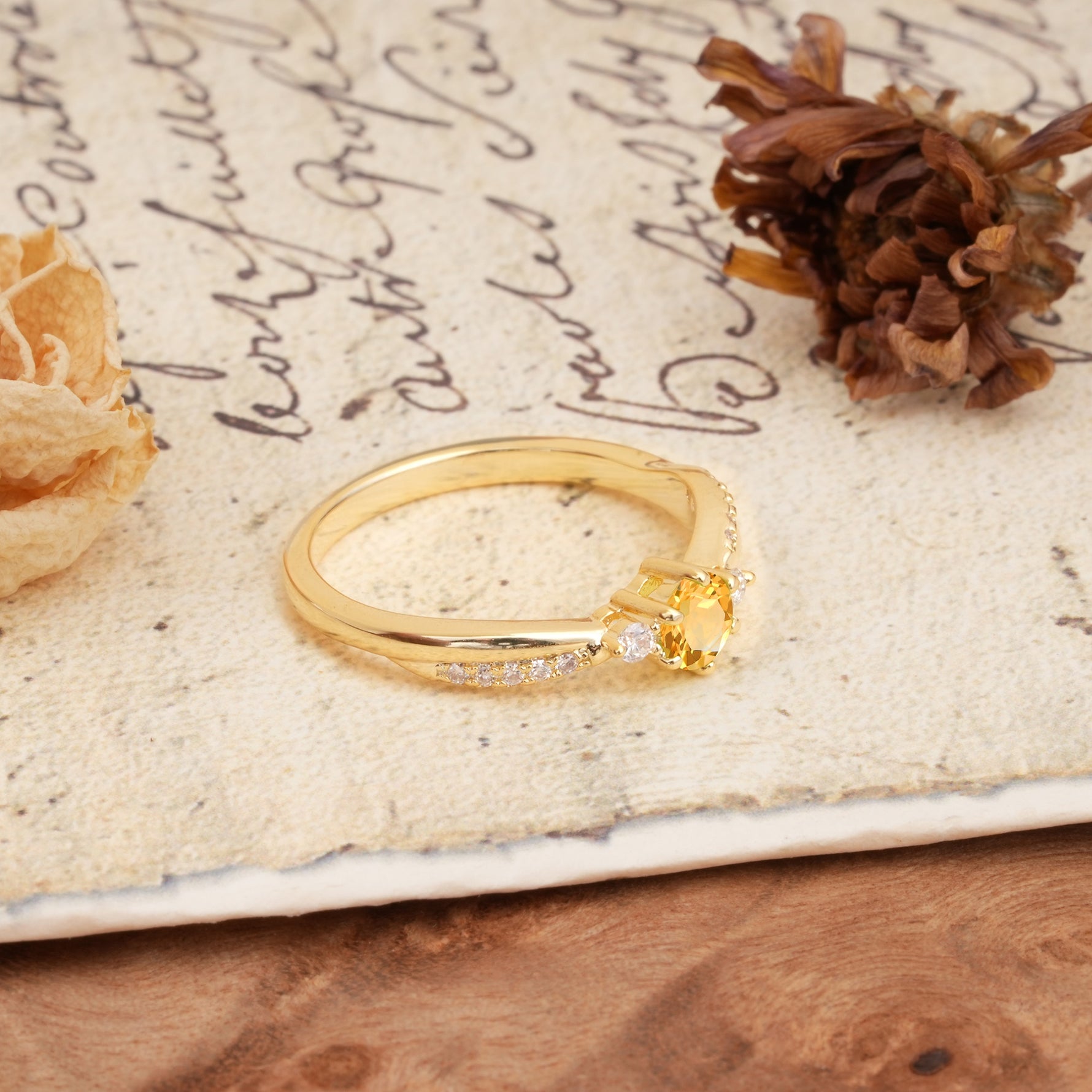 Simple 6-Prong Round Cut Citrine Side Stone Engagement Ring - Additional view