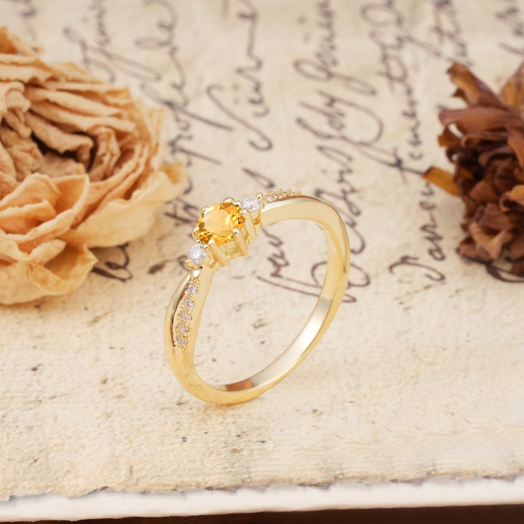 Simple 6-Prong Round Cut Citrine Side Stone Engagement Ring - Additional view
