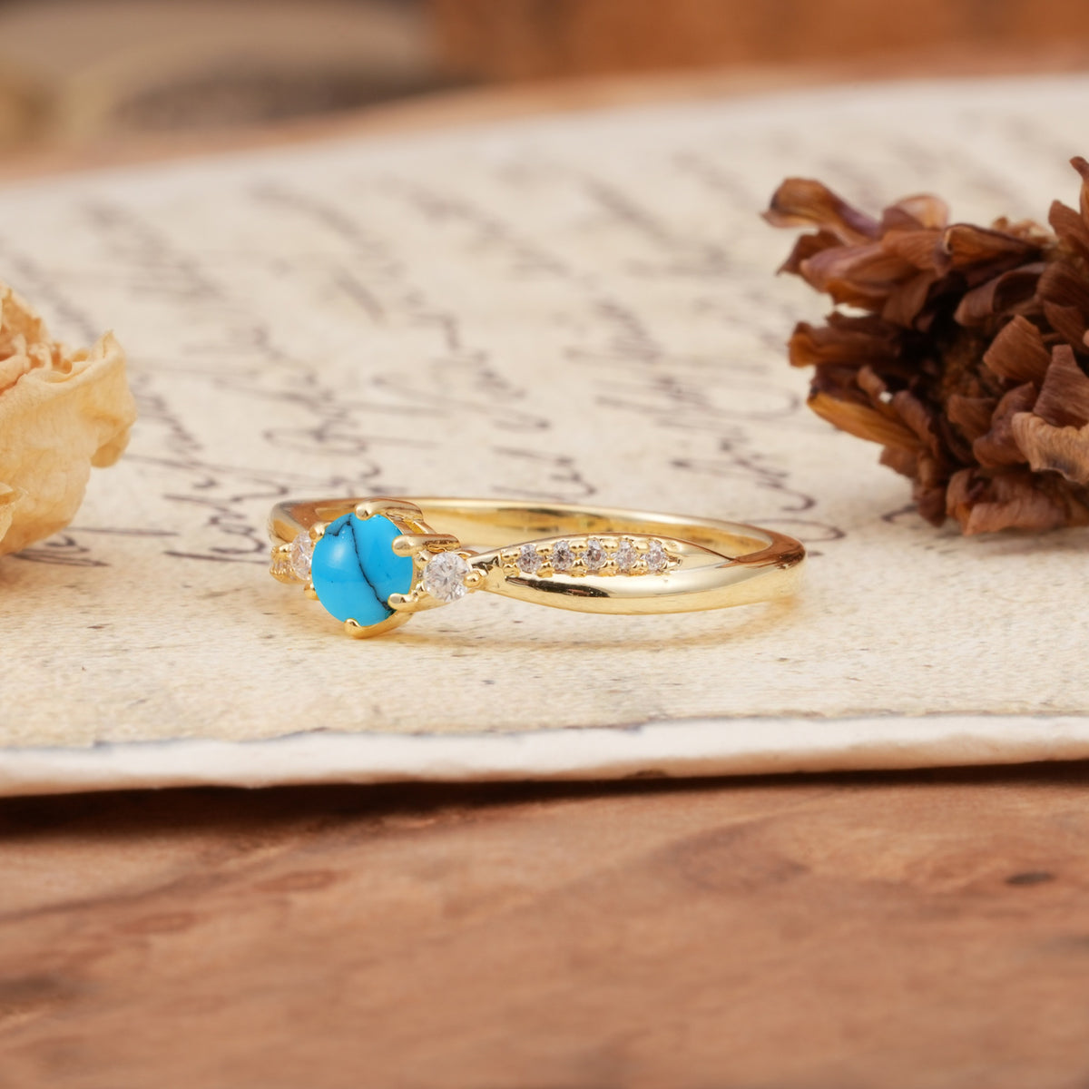 Simple 6-Prong Round Cut Turquoise Side Stone Engagement Ring - Additional view