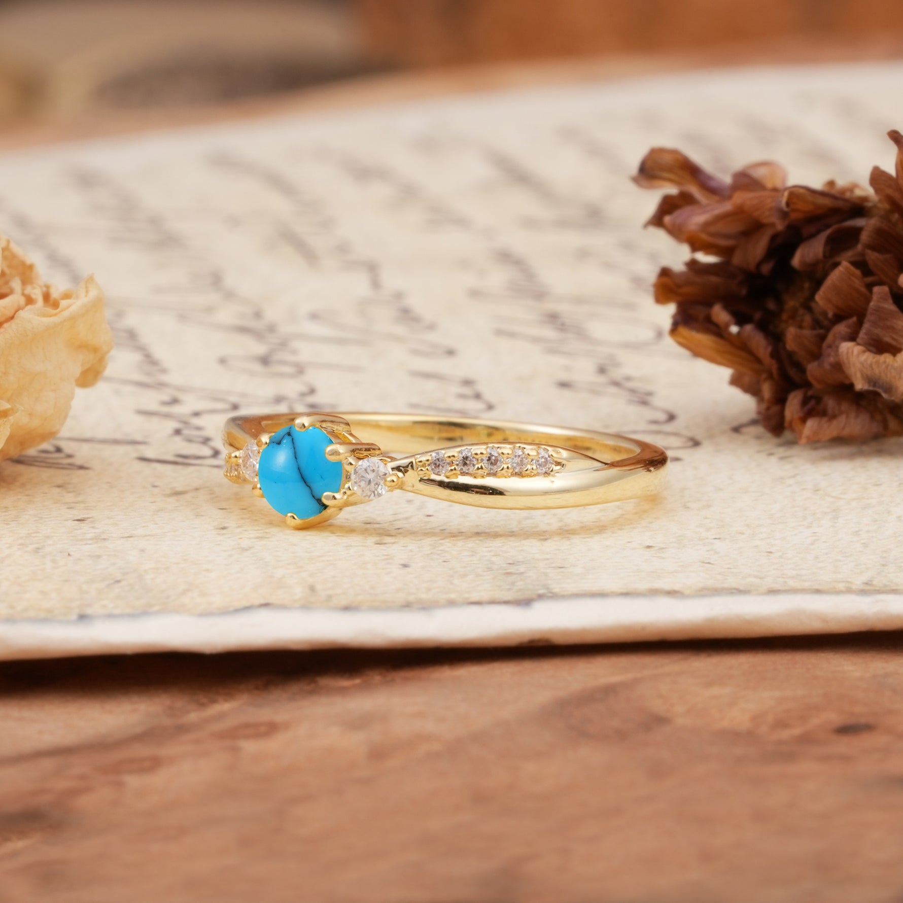 Simple 6-Prong Round Cut Turquoise Side Stone Engagement Ring - Additional view