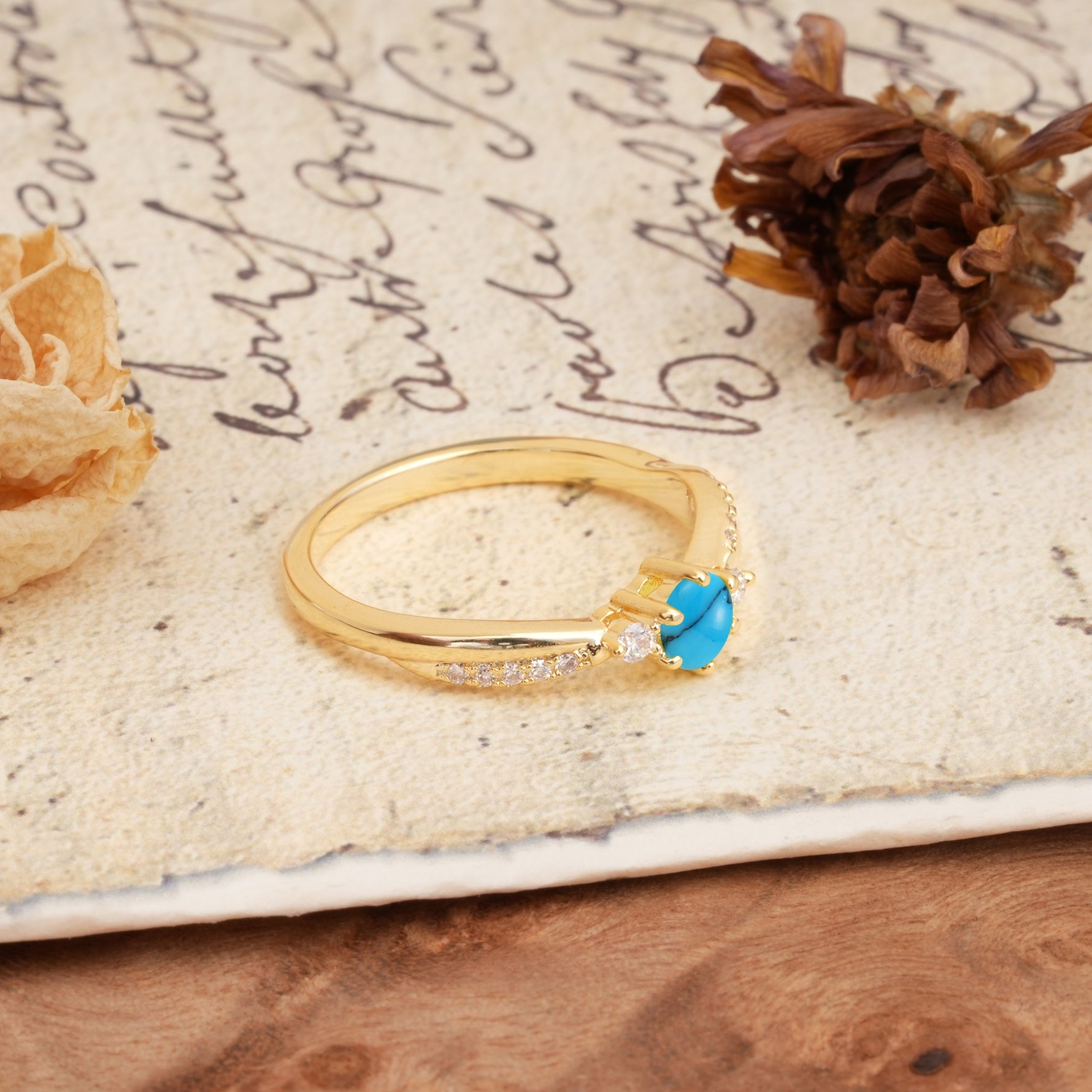 Simple 6-Prong Round Cut Turquoise Side Stone Engagement Ring - Additional view