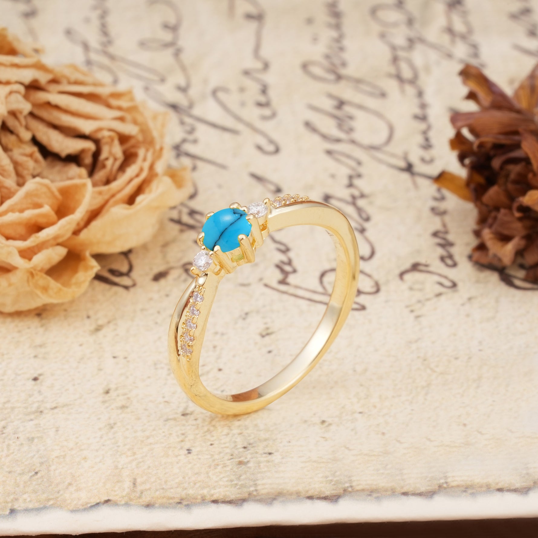 Simple 6-Prong Round Cut Turquoise Side Stone Engagement Ring - Additional view