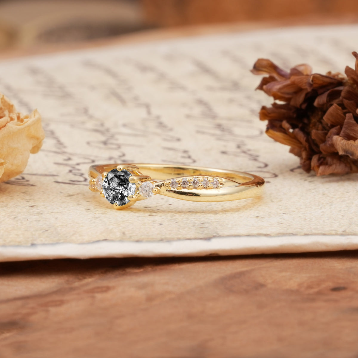 Simple 6-Prong Round Cut Black Rutilated Quartz Side Stone Engagement Ring - Additional view