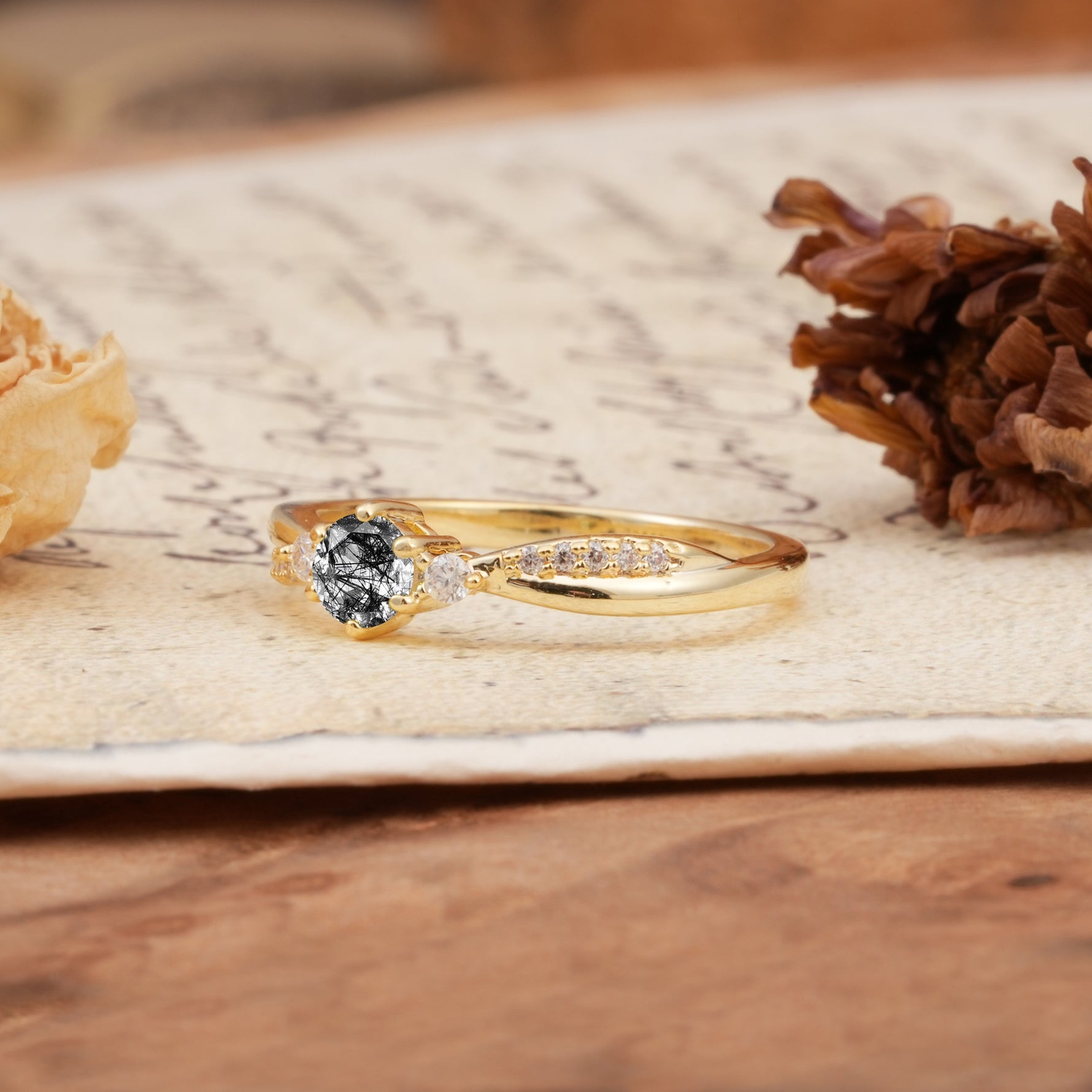 Simple 6-Prong Round Cut Black Rutilated Quartz Side Stone Engagement Ring - Additional view