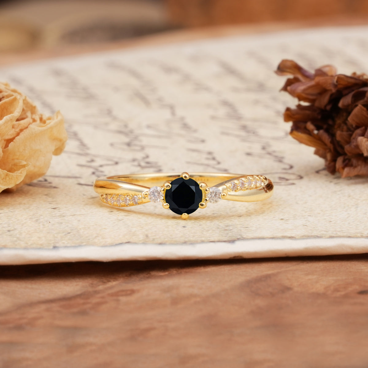 Simple 6-Prong Round Cut Black Onyx Side Stone Engagement Ring - Additional view