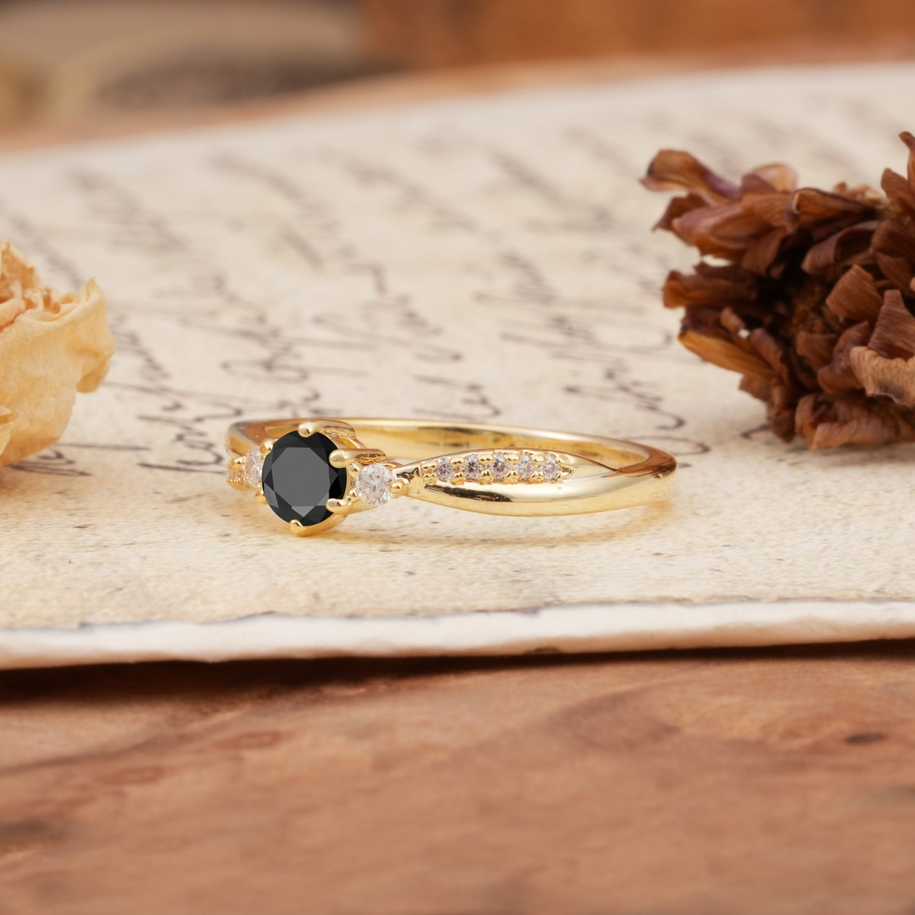 Simple 6-Prong Round Cut Black Onyx Side Stone Engagement Ring - Additional view