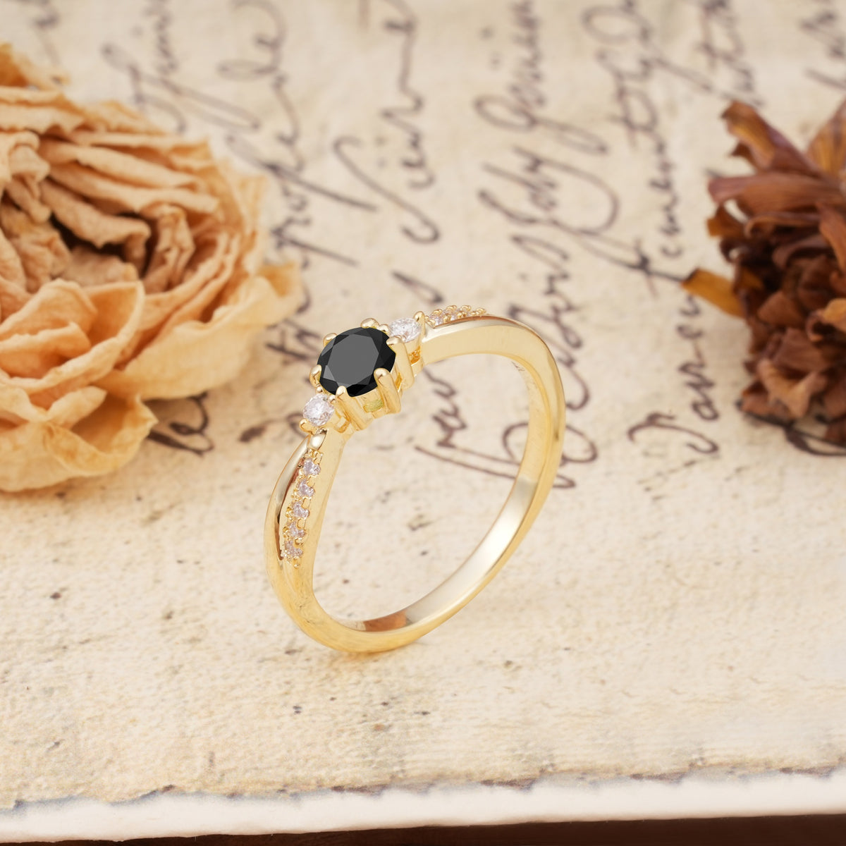 Simple 6-Prong Round Cut Black Onyx Side Stone Engagement Ring - Additional view