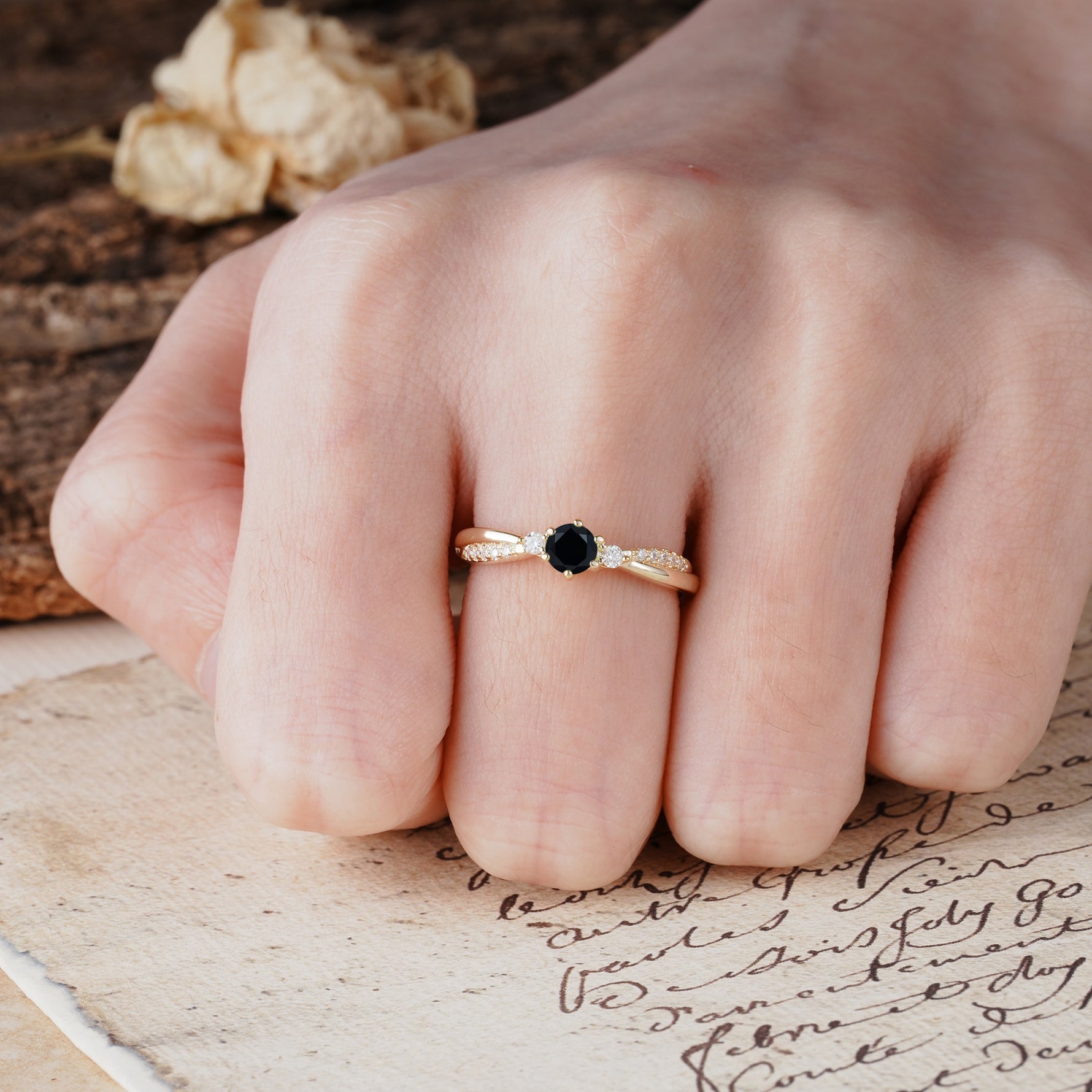 Simple 6-Prong Round Cut Black Onyx Side Stone Engagement Ring - Additional view