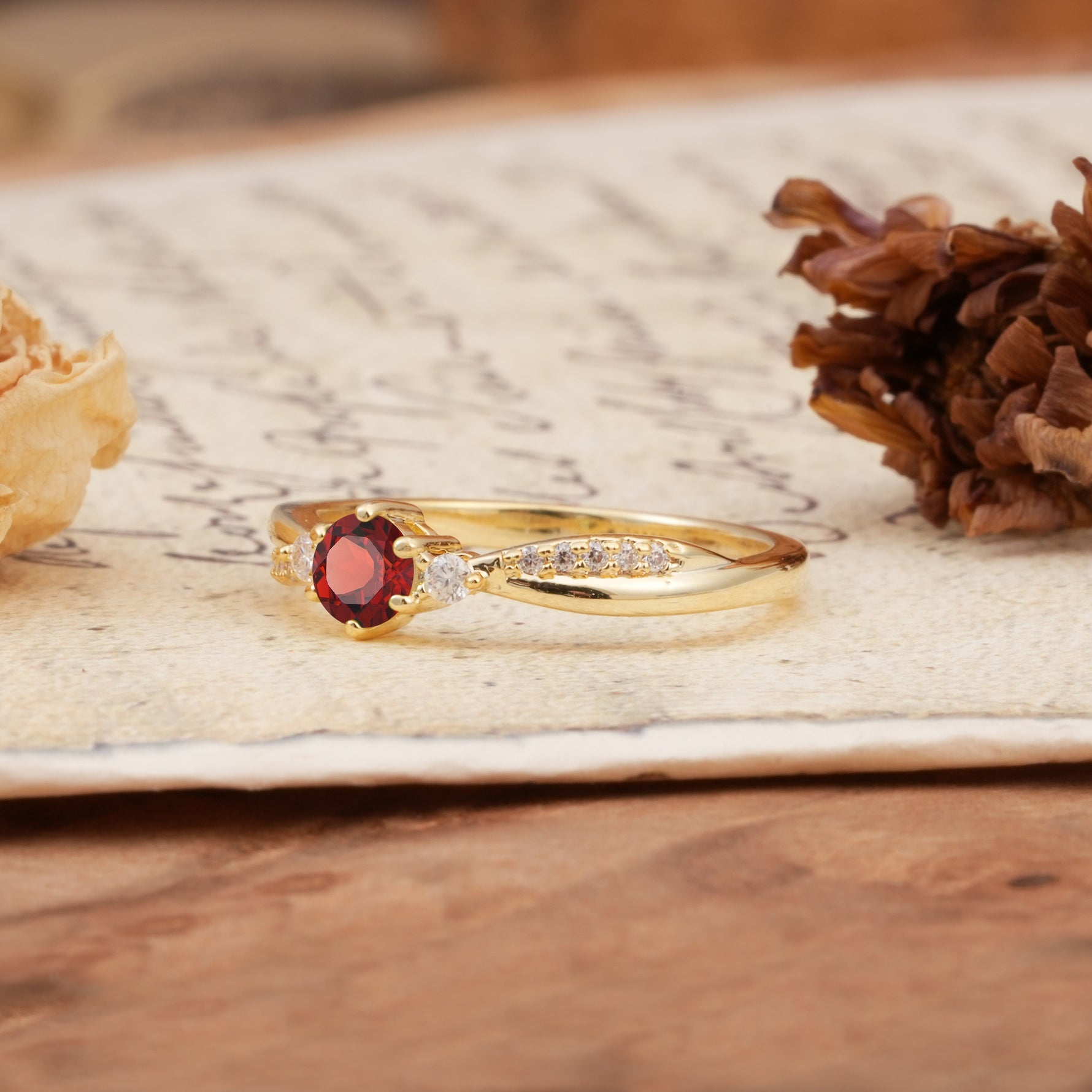 Simple 6-Prong Round Cut Garnet Side Stone Engagement Ring - Additional view