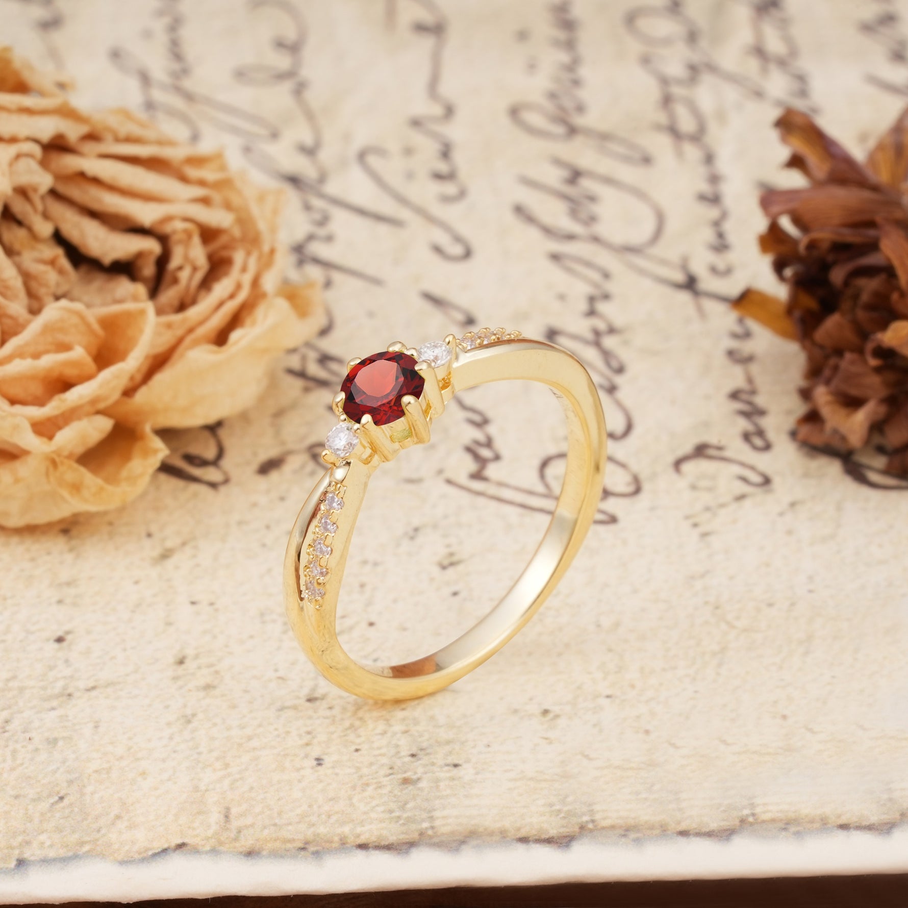 Simple 6-Prong Round Cut Garnet Side Stone Engagement Ring - Additional view