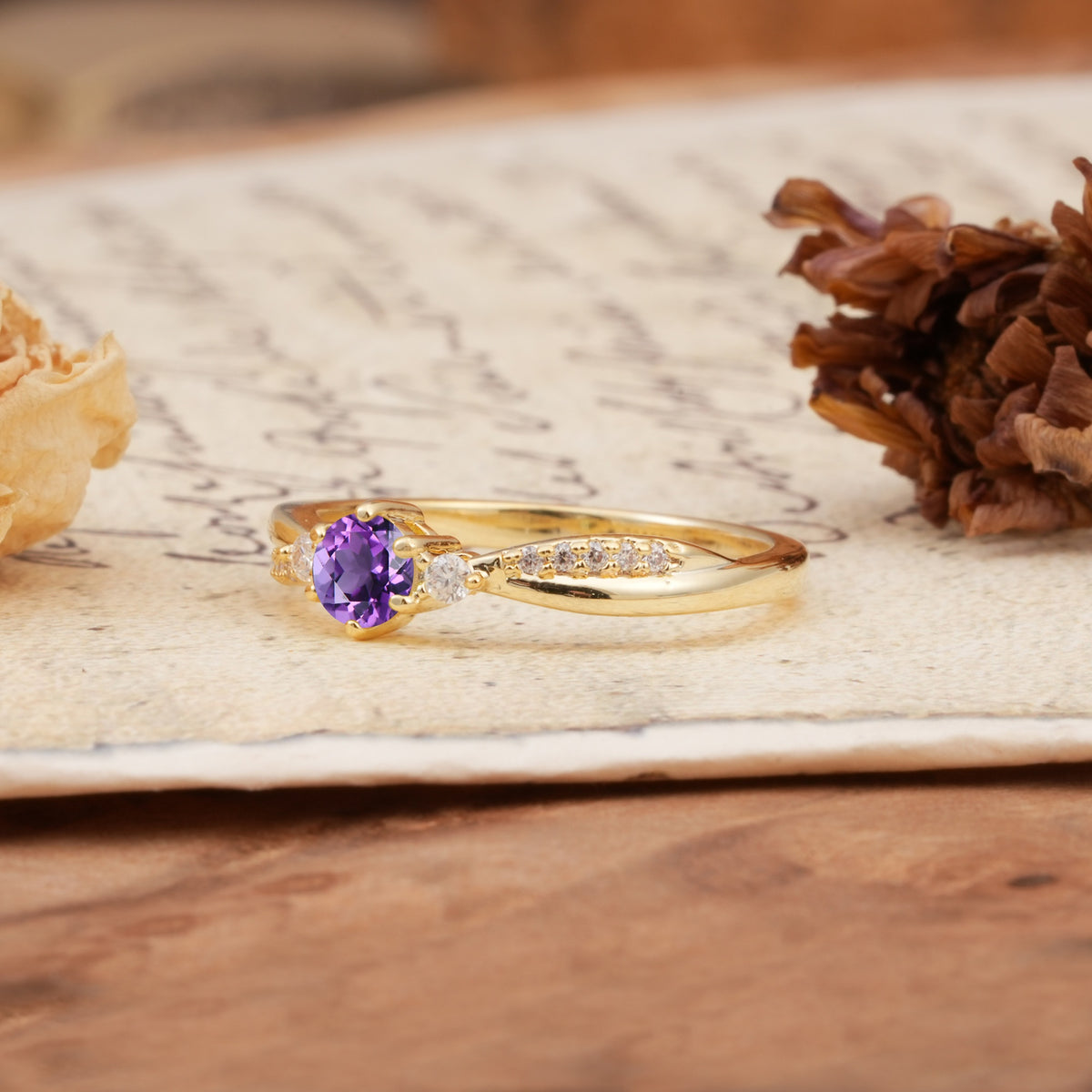 Simple 6-Prong Round Cut Amethyst Side Stone Engagement Ring - Additional view