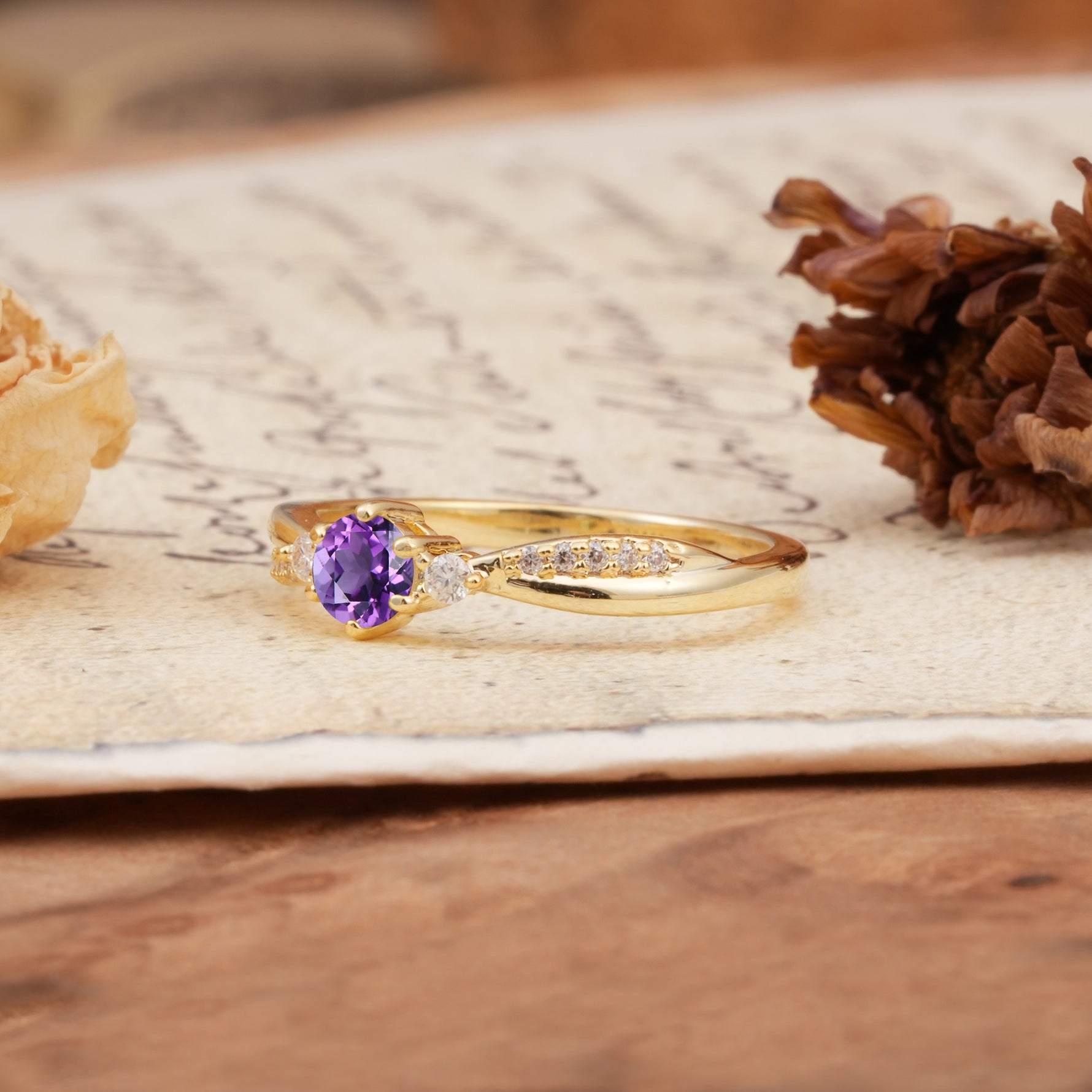 Simple 6-Prong Round Cut Amethyst Side Stone Engagement Ring - Additional view