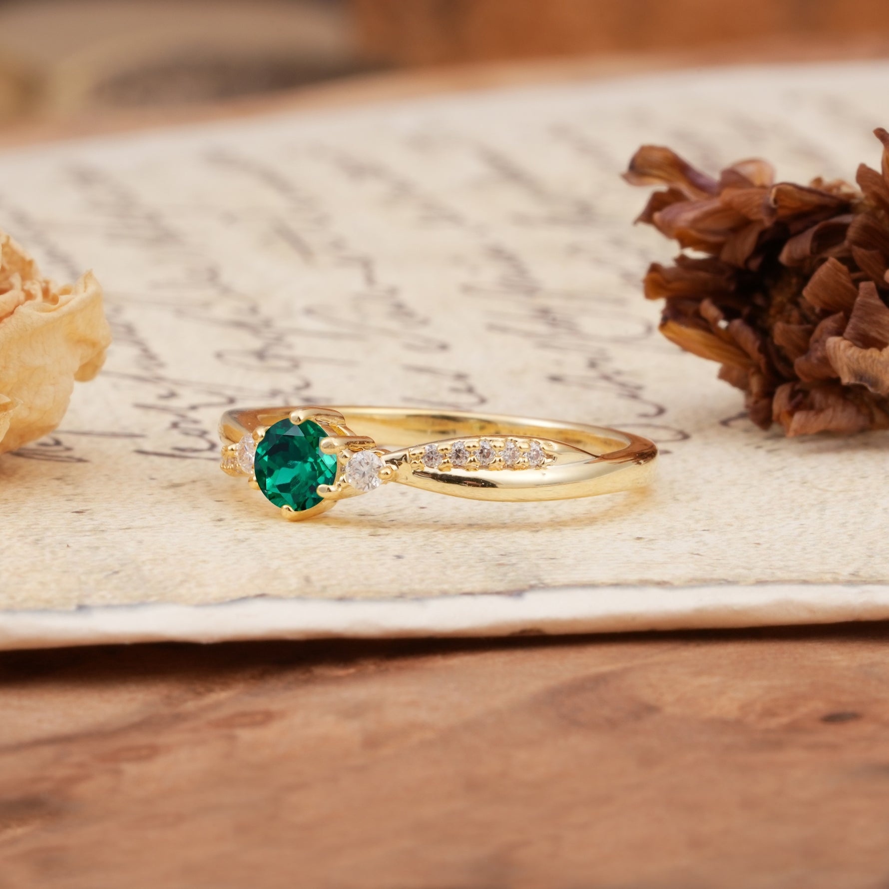 Simple 6-Prong Round Cut Emerald Side Stone Engagement Ring - Additional view